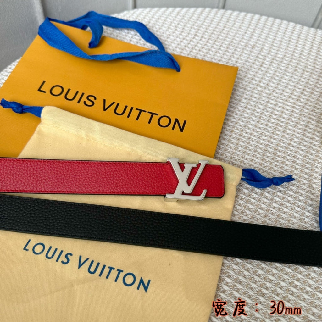 LOUIS VUITTON LV 30 MM BELTS IN BLACK AND CHERRY RED CALFSKIN SILVER HARDWARE