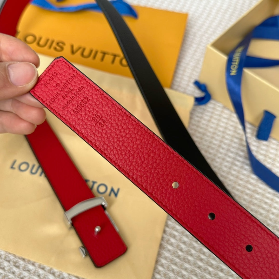LOUIS VUITTON LV 30 MM BELTS IN BLACK AND CHERRY RED CALFSKIN SILVER HARDWARE