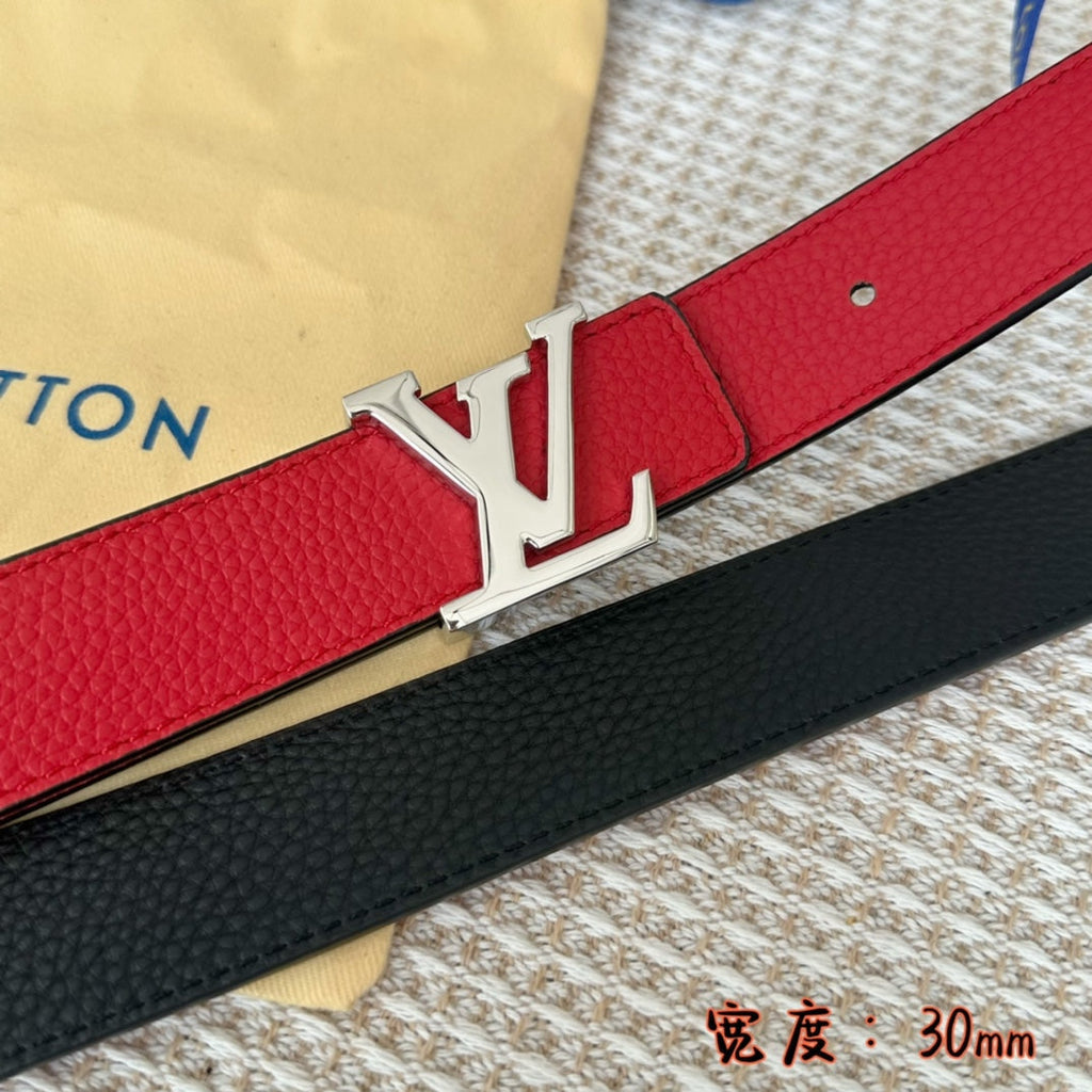 LOUIS VUITTON LV 30 MM BELTS IN BLACK AND CHERRY RED CALFSKIN SILVER HARDWARE