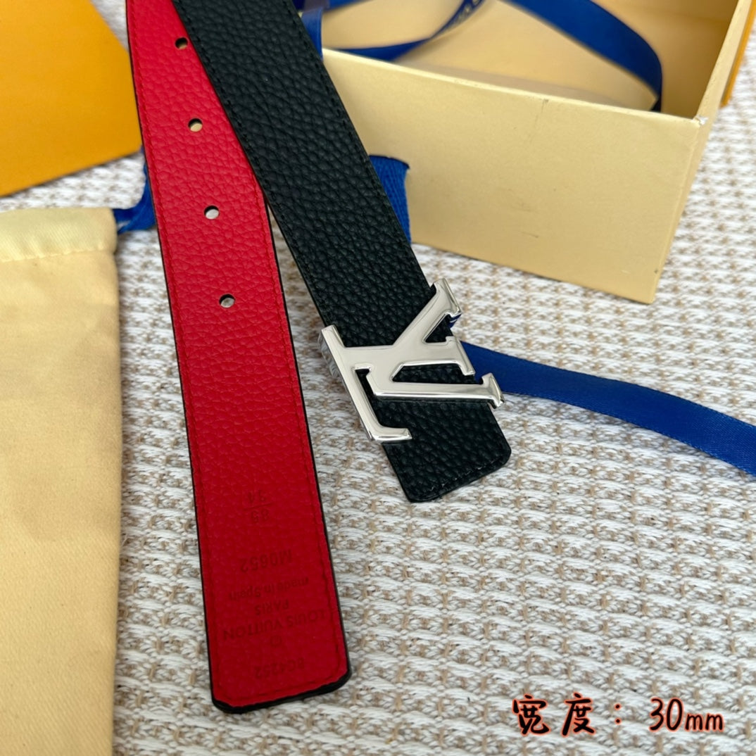 LOUIS VUITTON LV 30 MM BELTS IN BLACK AND CHERRY RED CALFSKIN SILVER HARDWARE