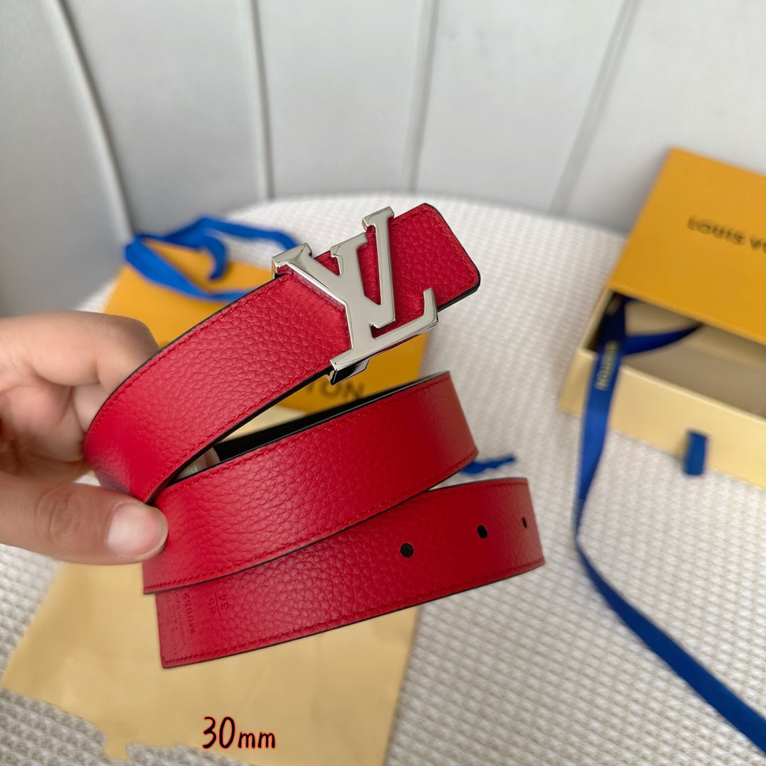 LOUIS VUITTON LV Initiales 30mm Reversible Belt Silver Buckle Red Black Leather