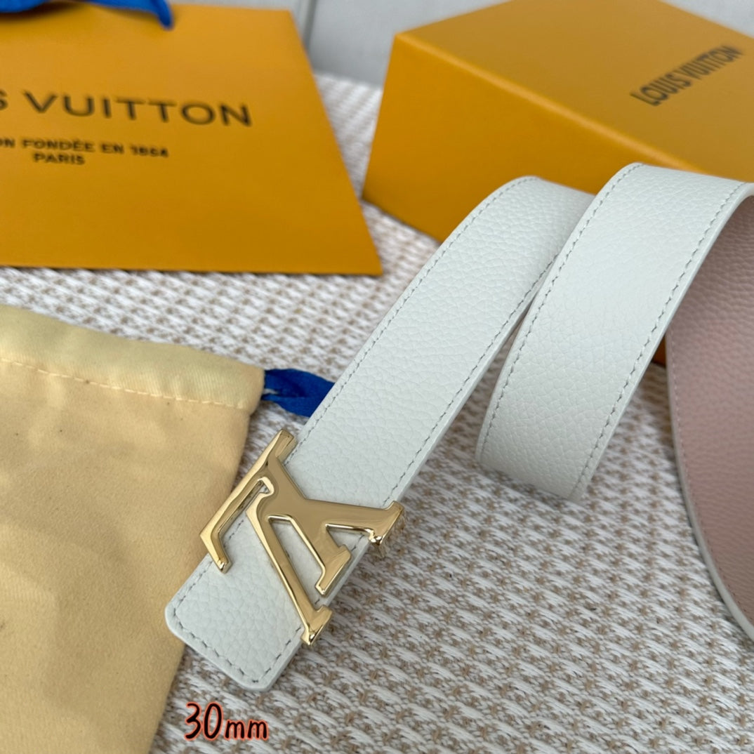 LOUIS VUITTON LV Initiales 30mm Reversible Belt Gold Buckle Pink White Leather