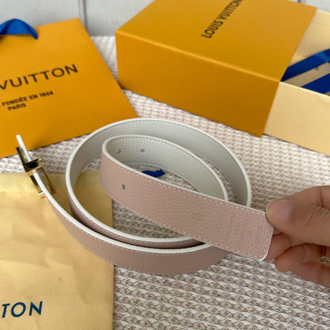 LOUIS VUITTON LV Initiales 30mm Reversible Belt Gold Buckle Pink White Leather