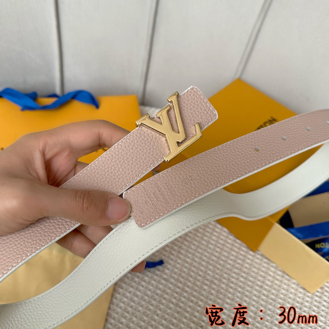 LOUIS VUITTON LV 30 MM BELTS IN WHITE AND PINK PASTEL CALFSKIN GOLD HARDWARE