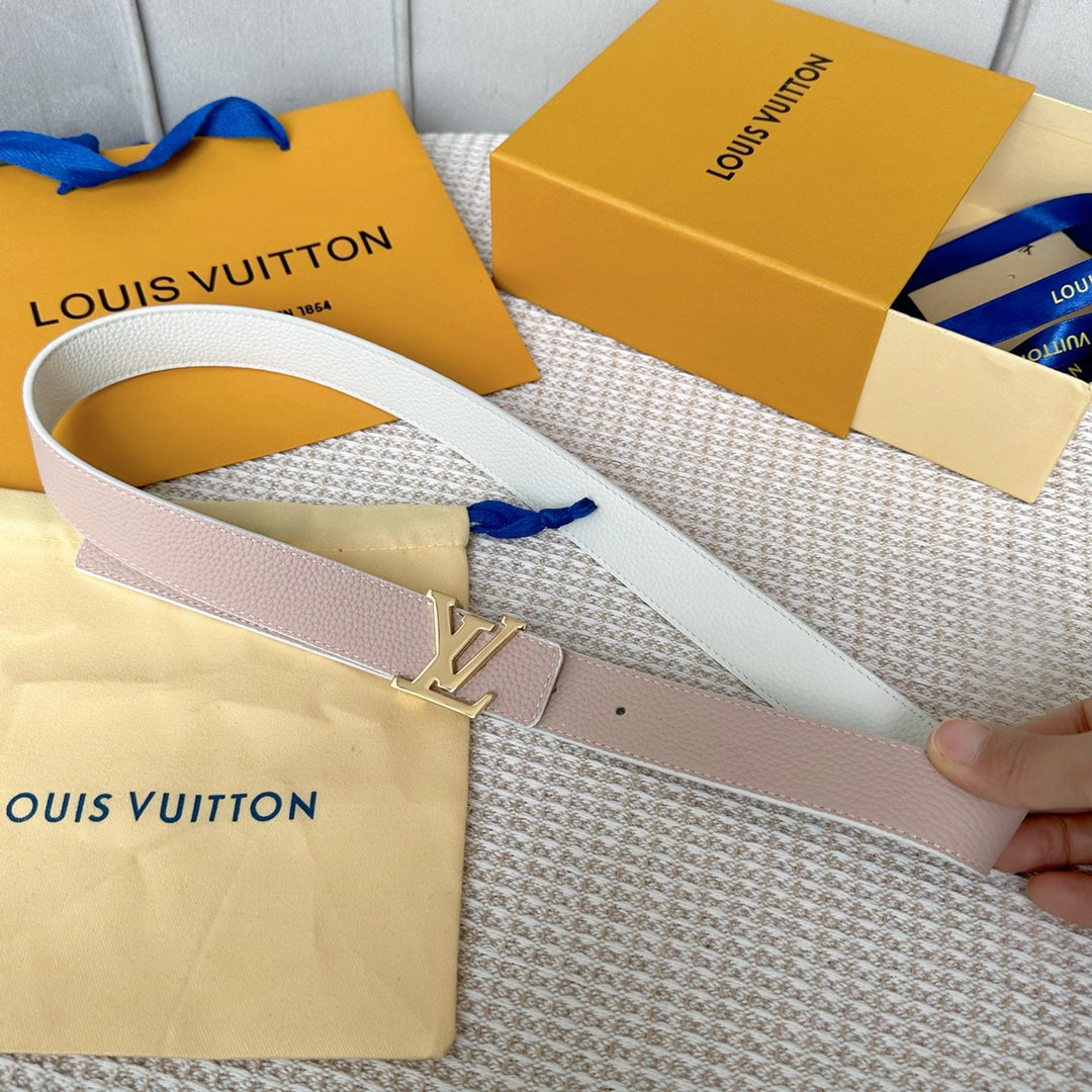 LOUIS VUITTON LV 30 MM BELTS IN WHITE AND PINK PASTEL CALFSKIN GOLD HARDWARE