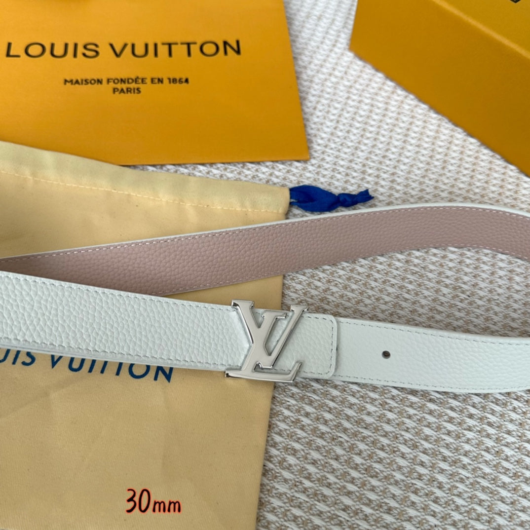 LOUIS VUITTON LV Initiales 30mm Reversible Belt Silver Buckle Pink White Leather