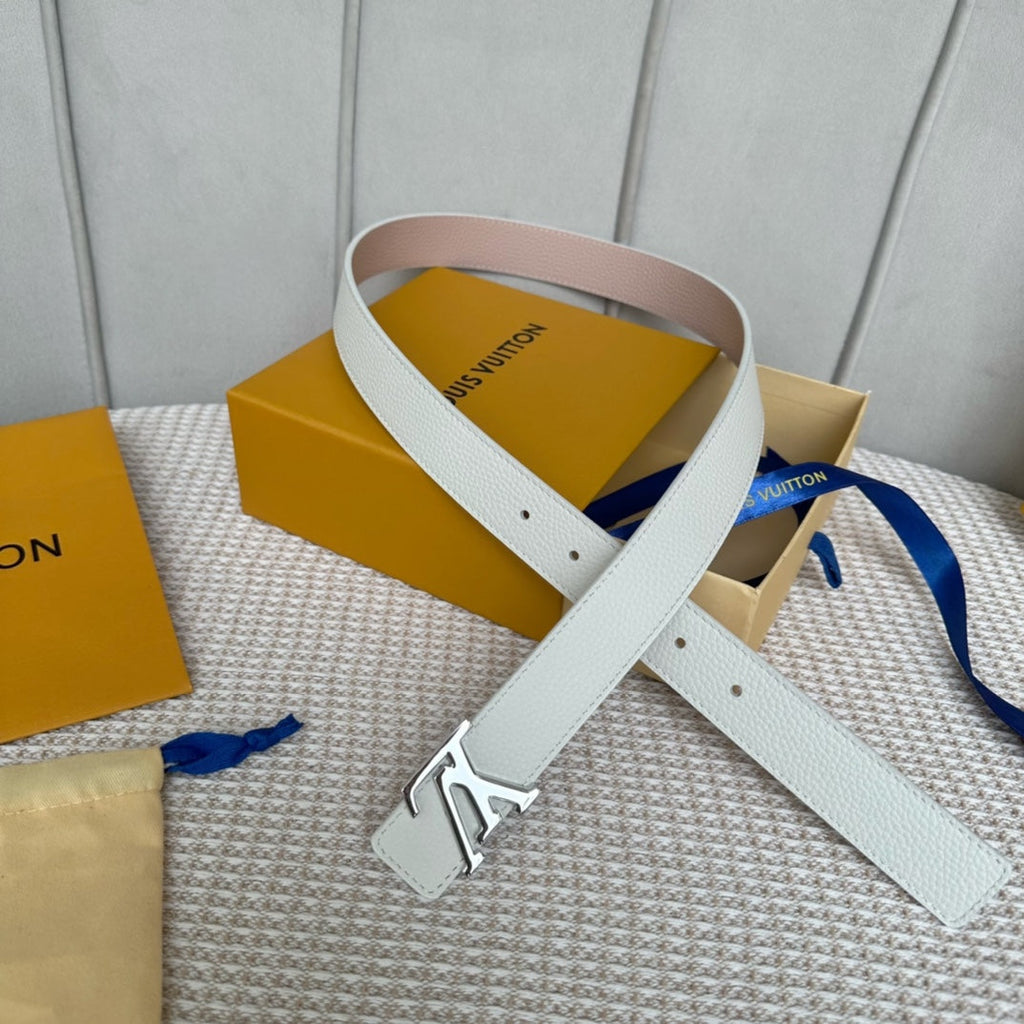 LOUIS VUITTON LV Initiales 30mm Reversible Belt Silver Buckle Pink White Leather