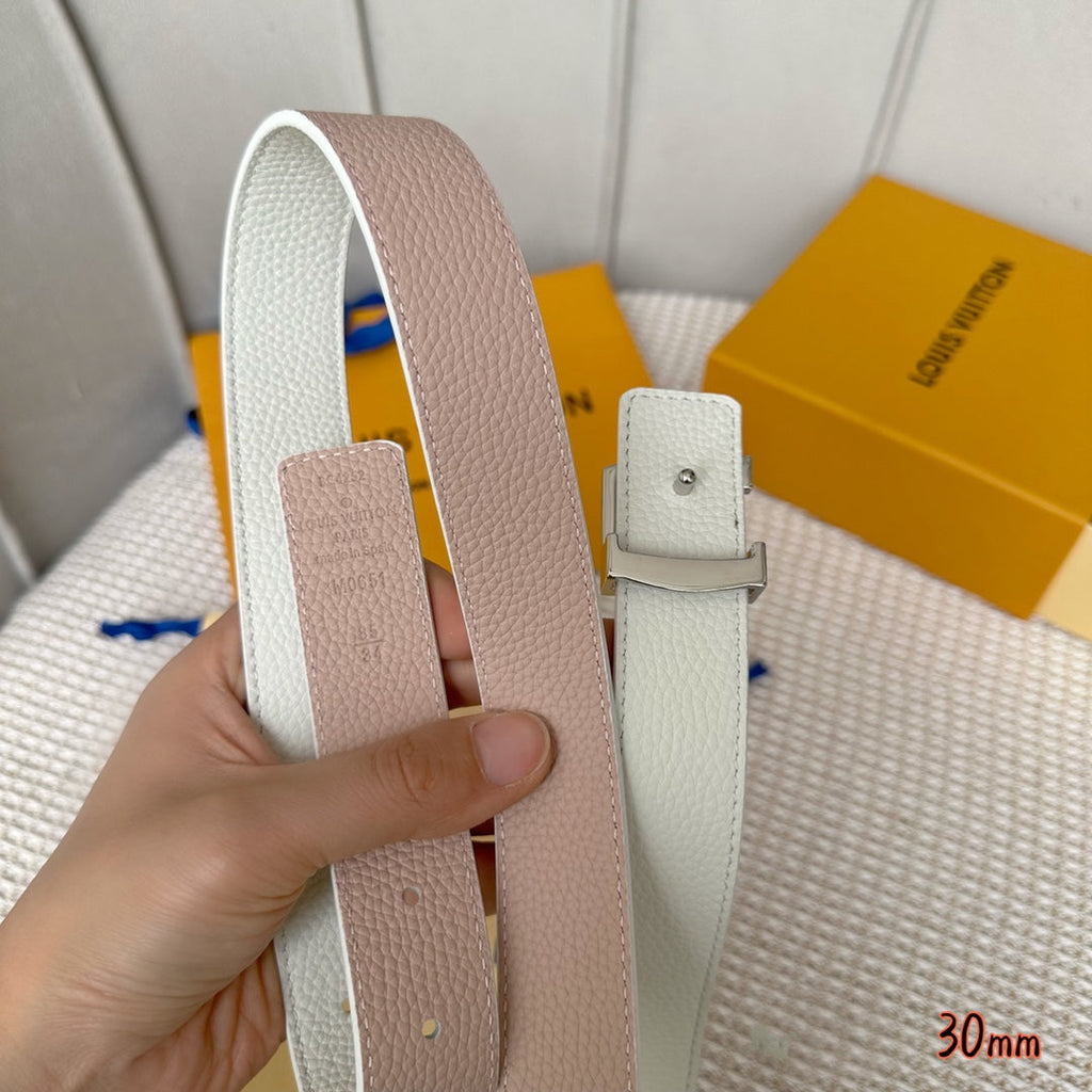 LOUIS VUITTON LV Initiales 30mm Reversible Belt Silver Buckle Pink White Leather