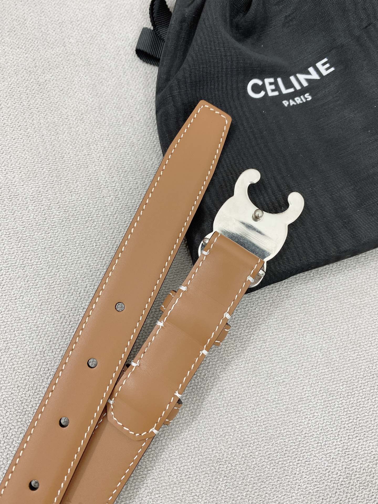 CELINE 25S TRIOMPHE BELT 25MM IN BROWN CALFSKIN SILVER HARDWARE 580678