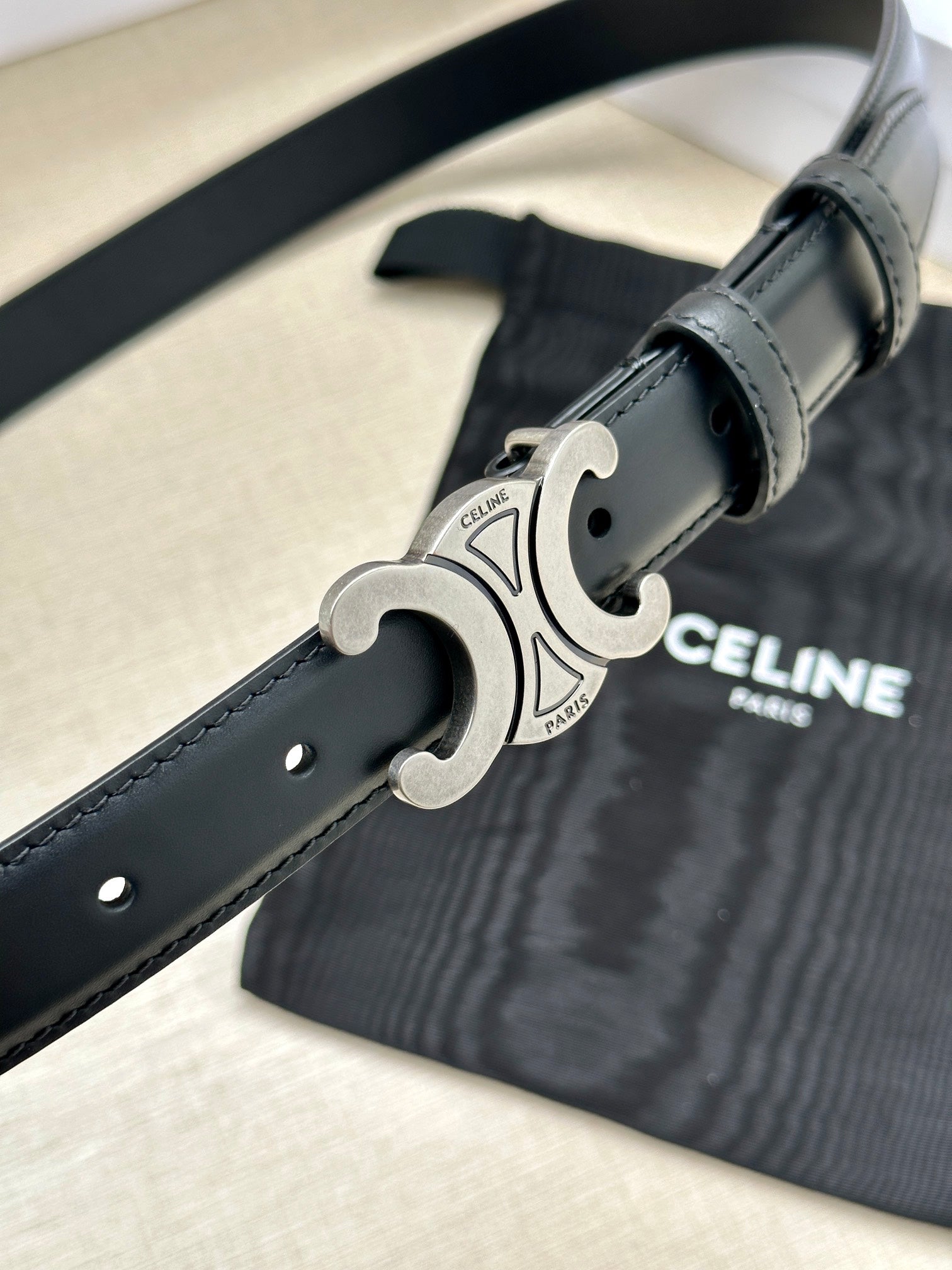 CELINE Medium Triomphe Belt 25mm Black Calfskin Silver Finishing