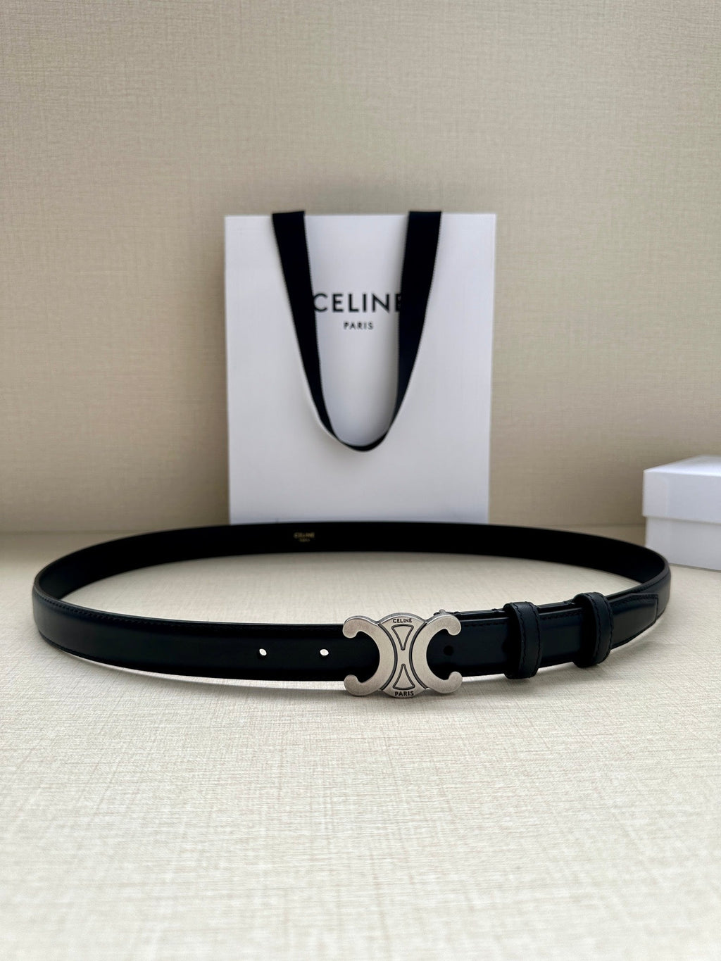 CELINE Medium Triomphe Belt 25mm Black Calfskin Silver Finishing