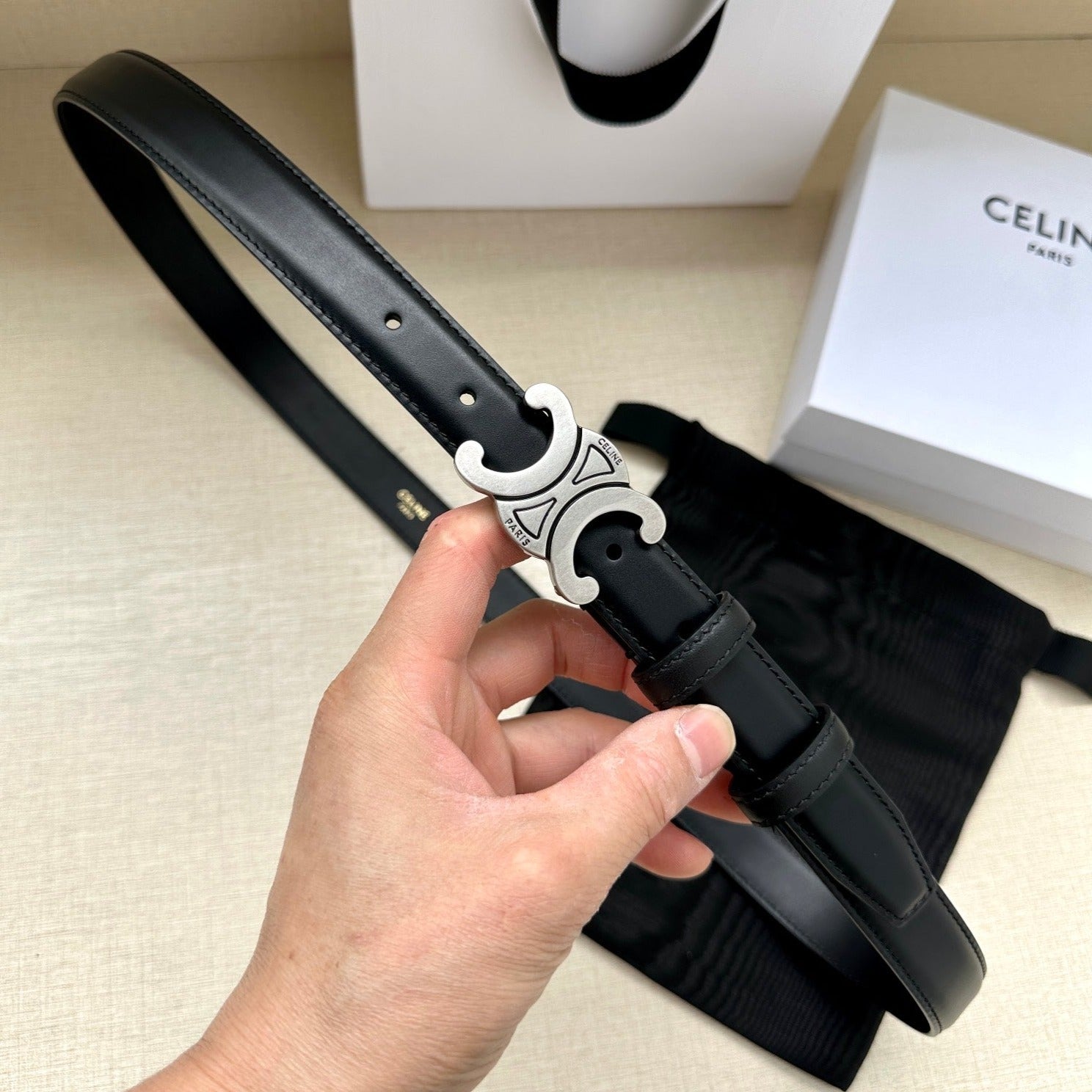 CELINE Medium Triomphe Belt 25mm Black Calfskin Silver Finishing