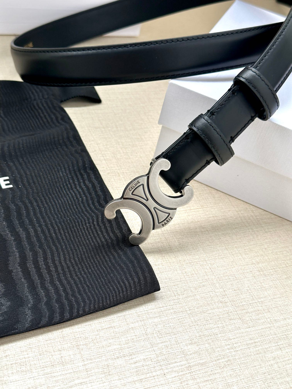 CELINE Medium Triomphe Belt 25mm Black Calfskin Silver Finishing