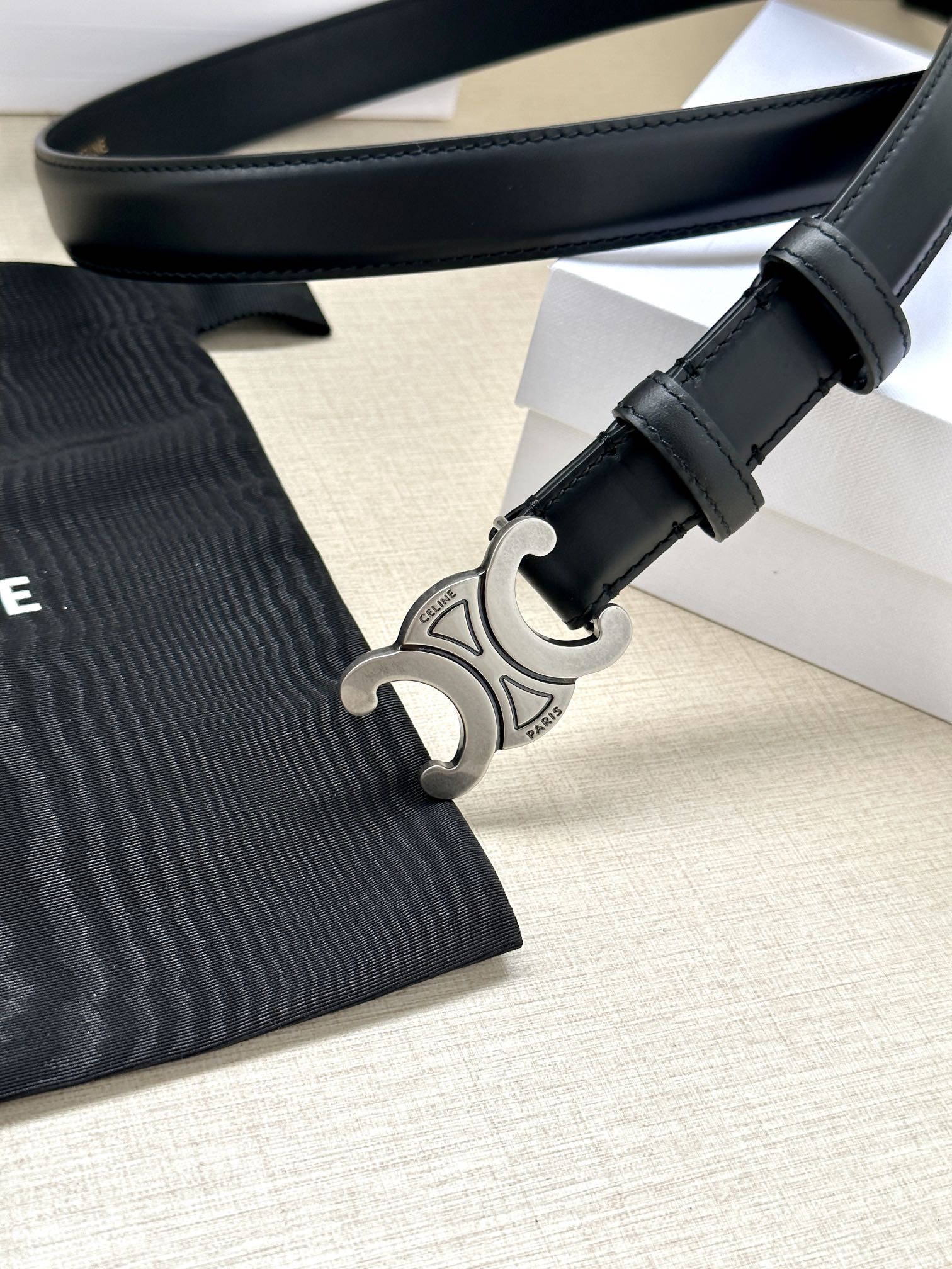 CELINE Medium Triomphe Belt 25mm Black Calfskin Silver Finishing