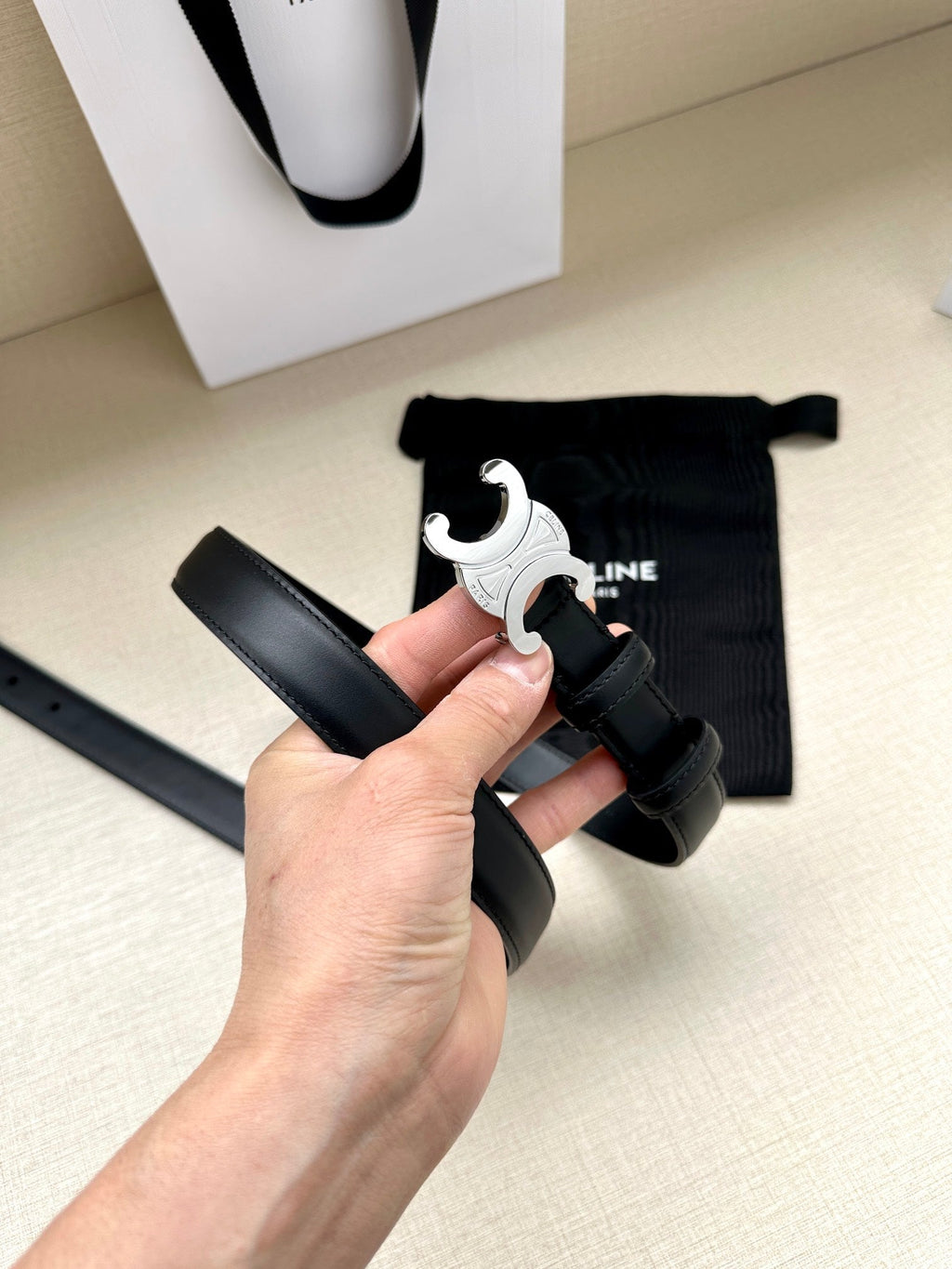 CELINE Medium Triomphe Belt 25mm Black Calfskin Shw