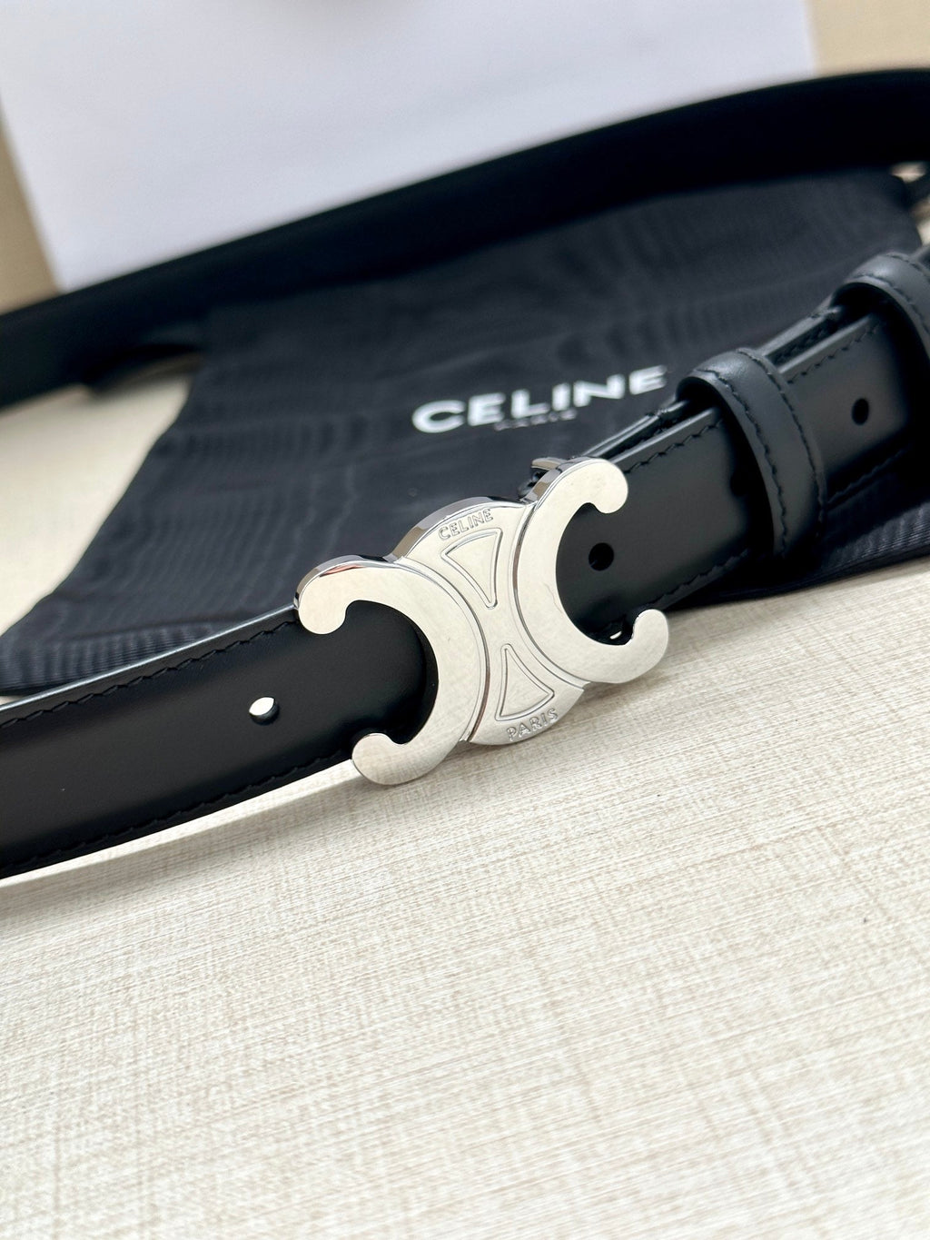 CELINE Medium Triomphe Belt 25mm Black Calfskin Shw