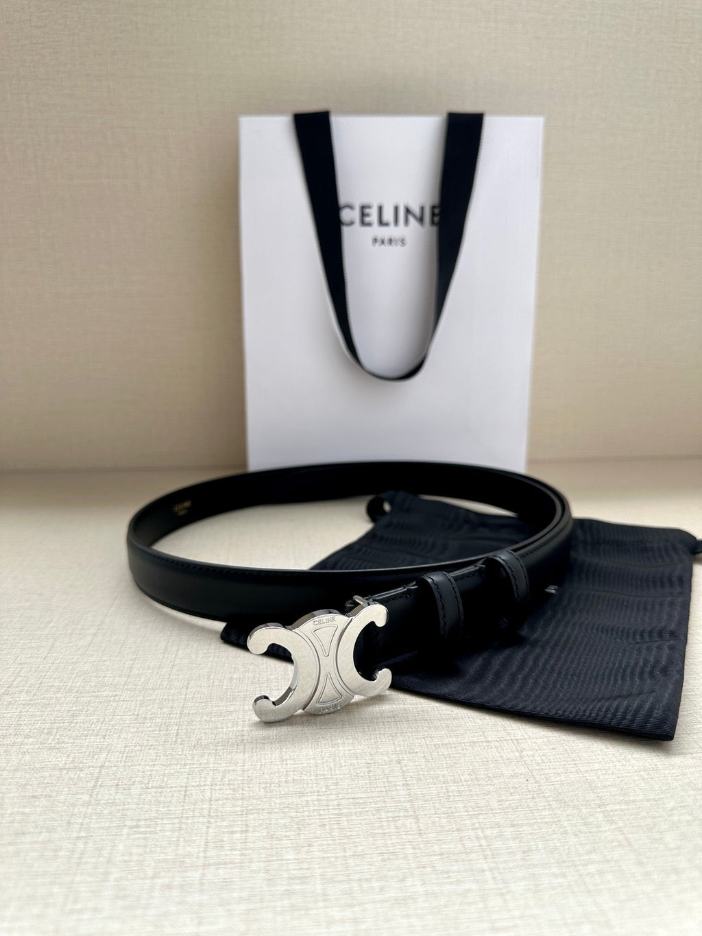 CELINE Medium Triomphe Belt 25mm Black Calfskin Shw