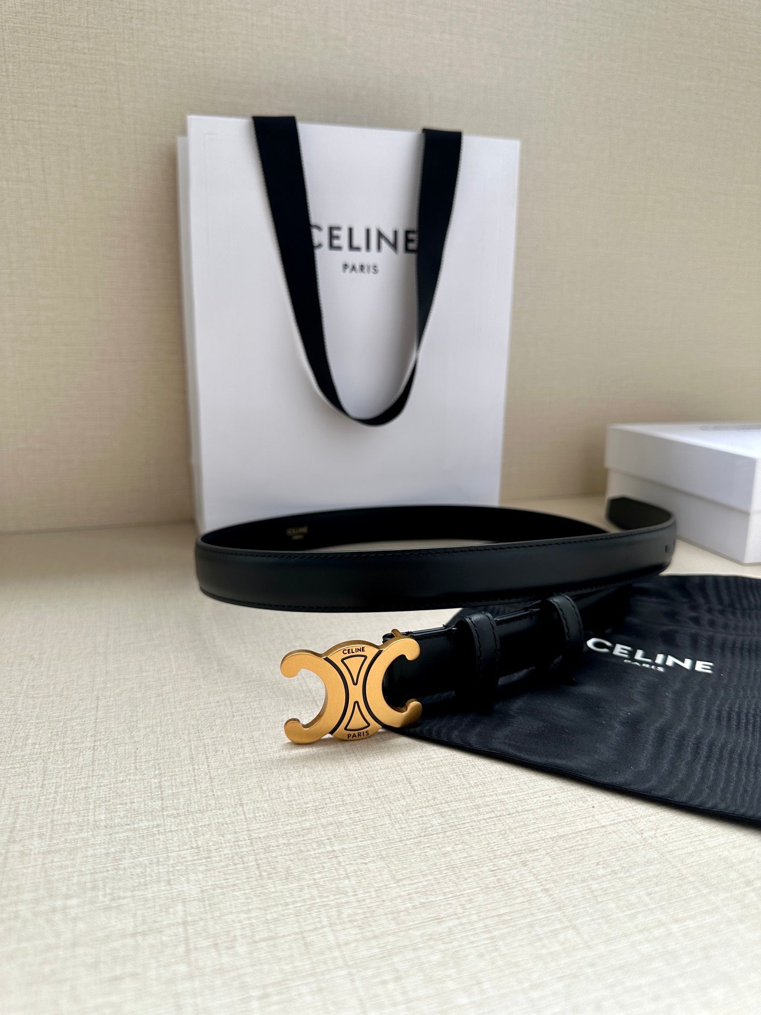 CELINE Medium Triomphe Belt 25mm Black Calfskin Gold Finishing