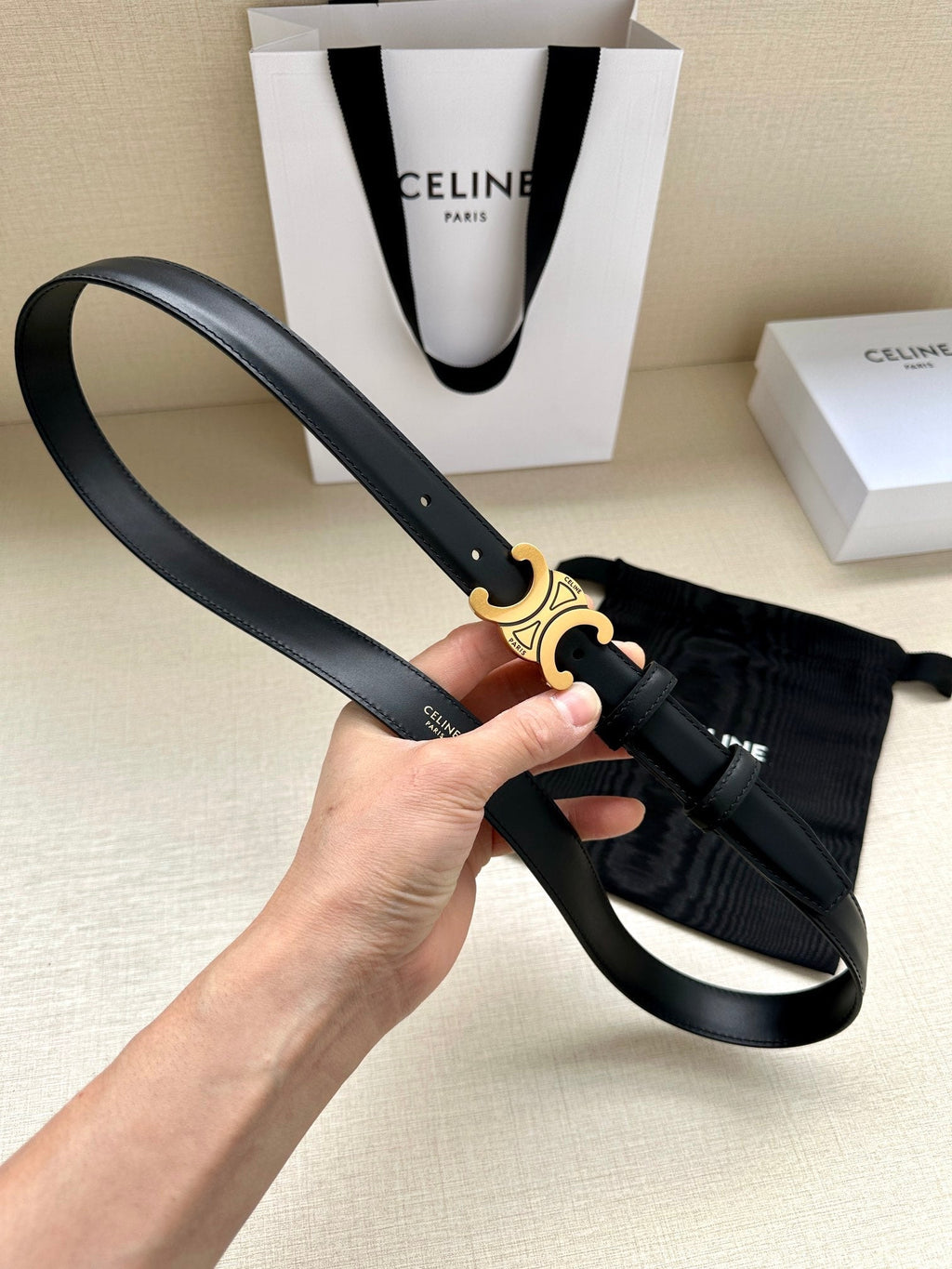 CELINE Medium Triomphe Belt 25mm Black Calfskin Gold Finishing