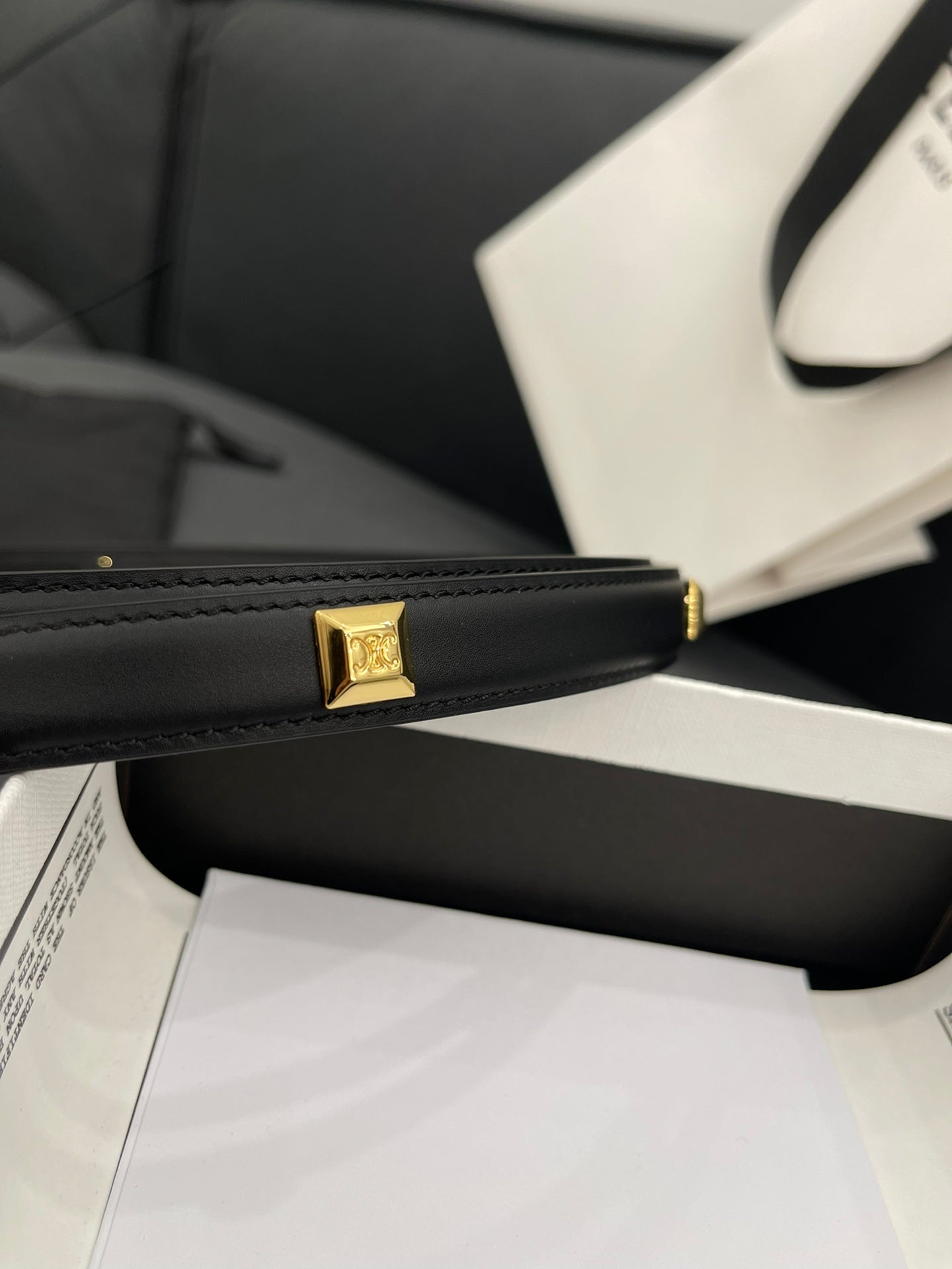 CELINE CL SMALL 18 MM TRIOMPHE BELT IN TAURILLON BLACK LEATHER GOLD HARDWARE