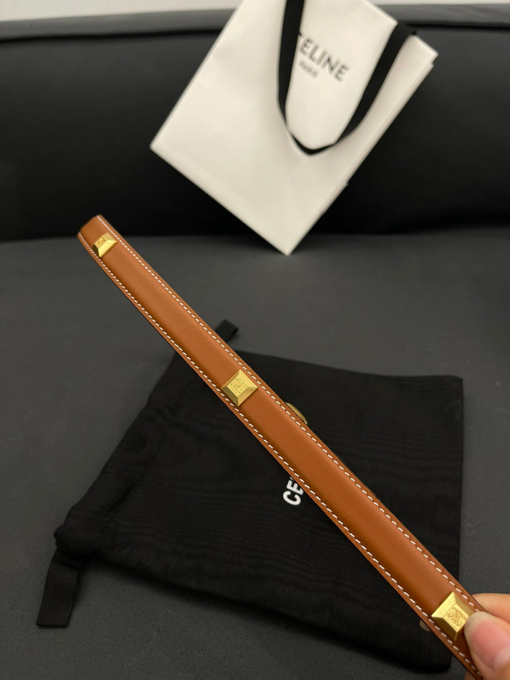 CELINE CL SMALL 18 MM TRIOMPHE BELT IN TAURILLON BRONZE BROWN LEATHER GOLD HARDWARE