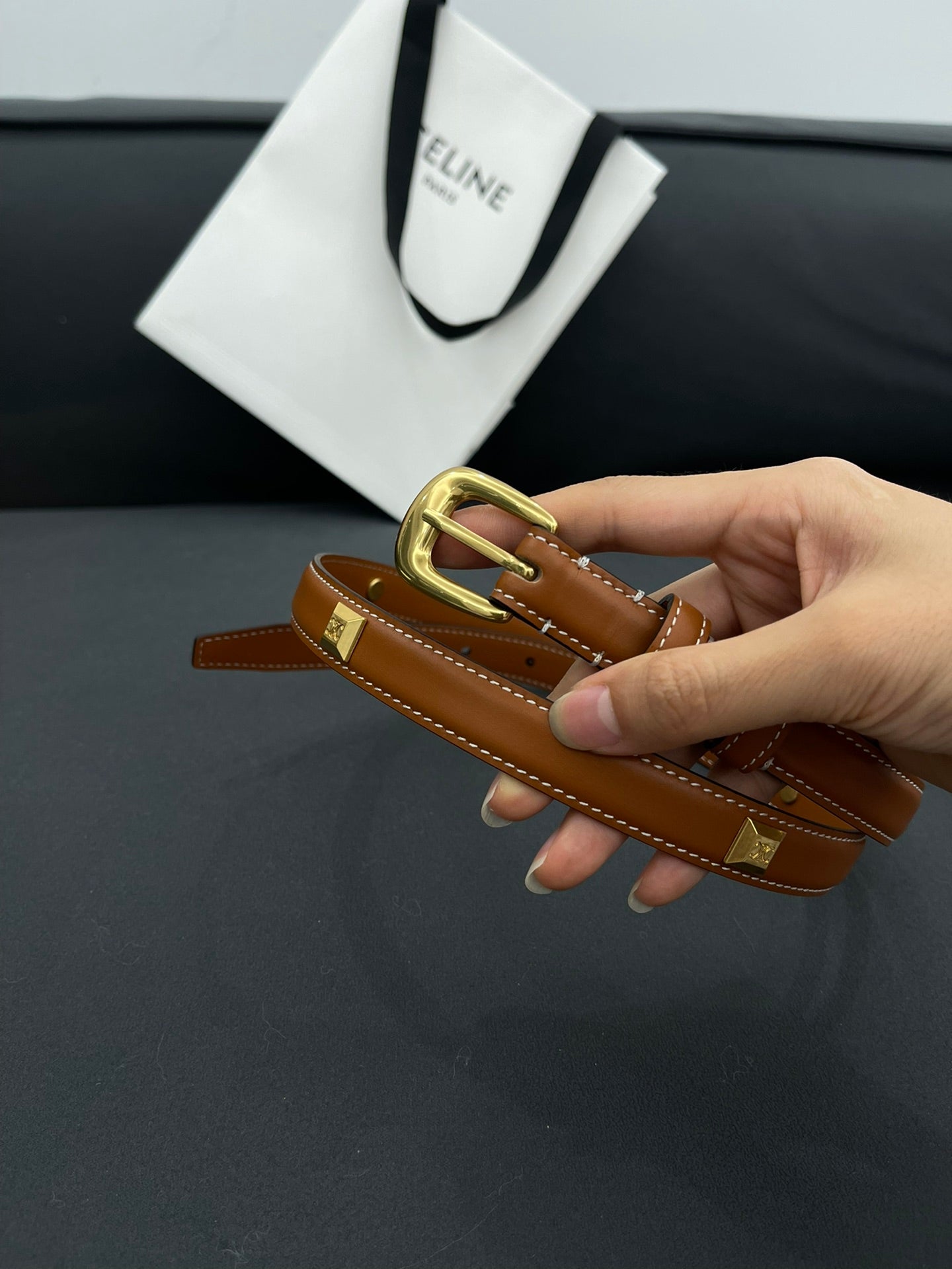 CELINE CL SMALL 18 MM TRIOMPHE BELT IN TAURILLON BRONZE BROWN LEATHER GOLD HARDWARE