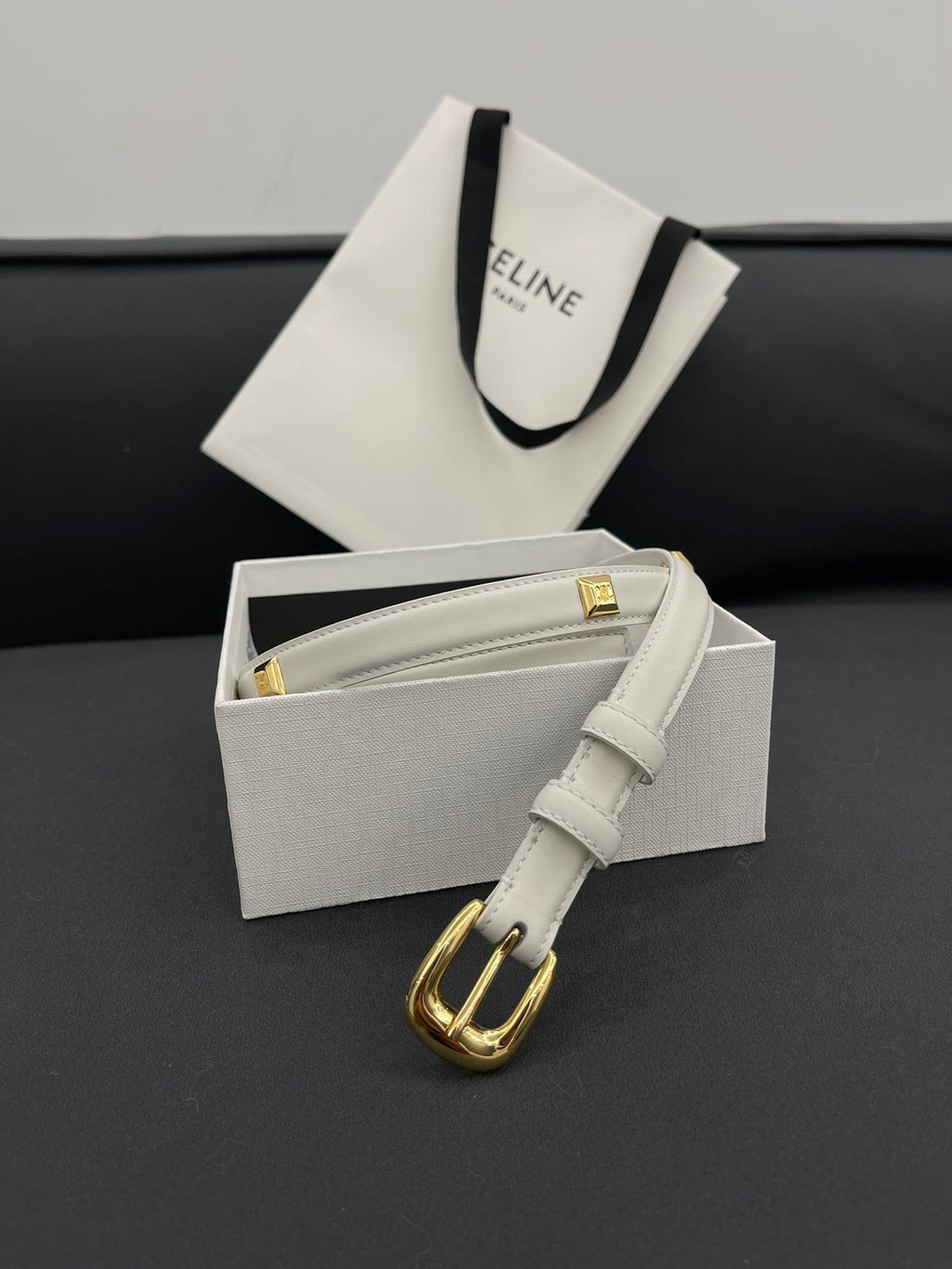 CELINE CL SMALL 18 MM TRIOMPHE BELT IN TAURILLON WHITE LEATHER GOLD HARDWARE