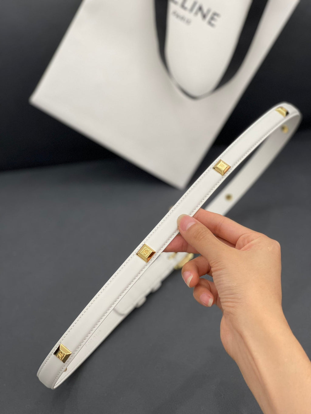 CELINE CL SMALL 18 MM TRIOMPHE BELT IN TAURILLON WHITE LEATHER GOLD HARDWARE