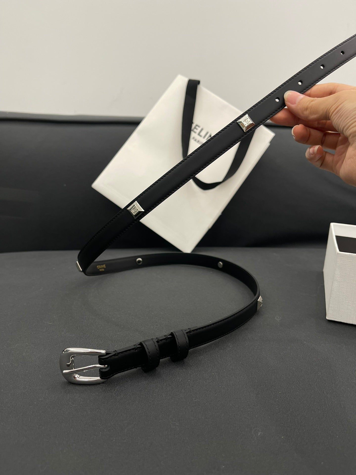 CELINE CL SMALL 18 MM TRIOMPHE BELT IN TAURILLON BLACK LEATHER SILVER HARDWARE