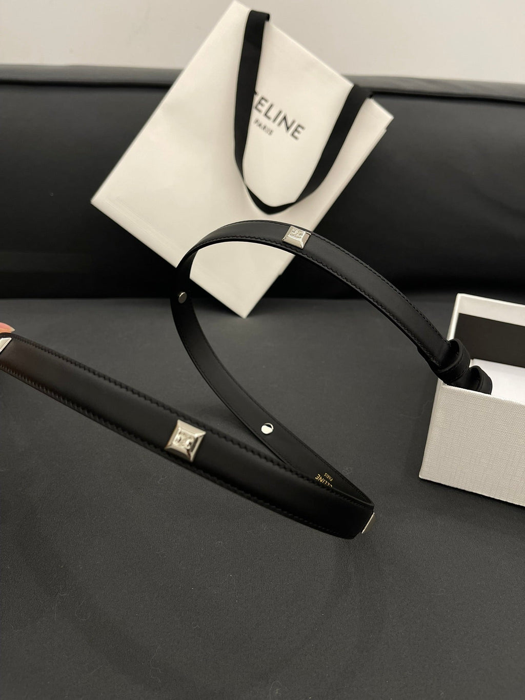 CELINE CL SMALL 18 MM TRIOMPHE BELT IN TAURILLON BLACK LEATHER SILVER HARDWARE