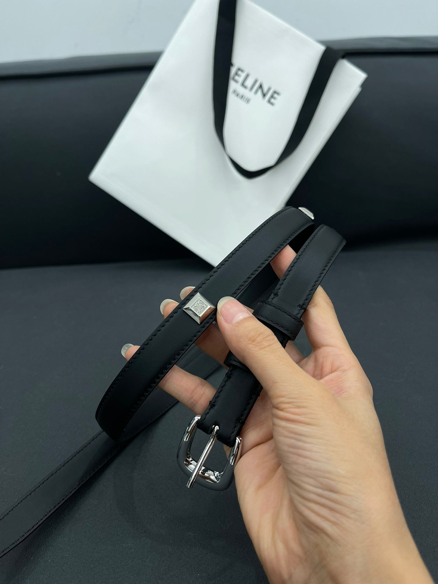 CELINE CL SMALL 18 MM TRIOMPHE BELT IN TAURILLON BLACK LEATHER SILVER HARDWARE