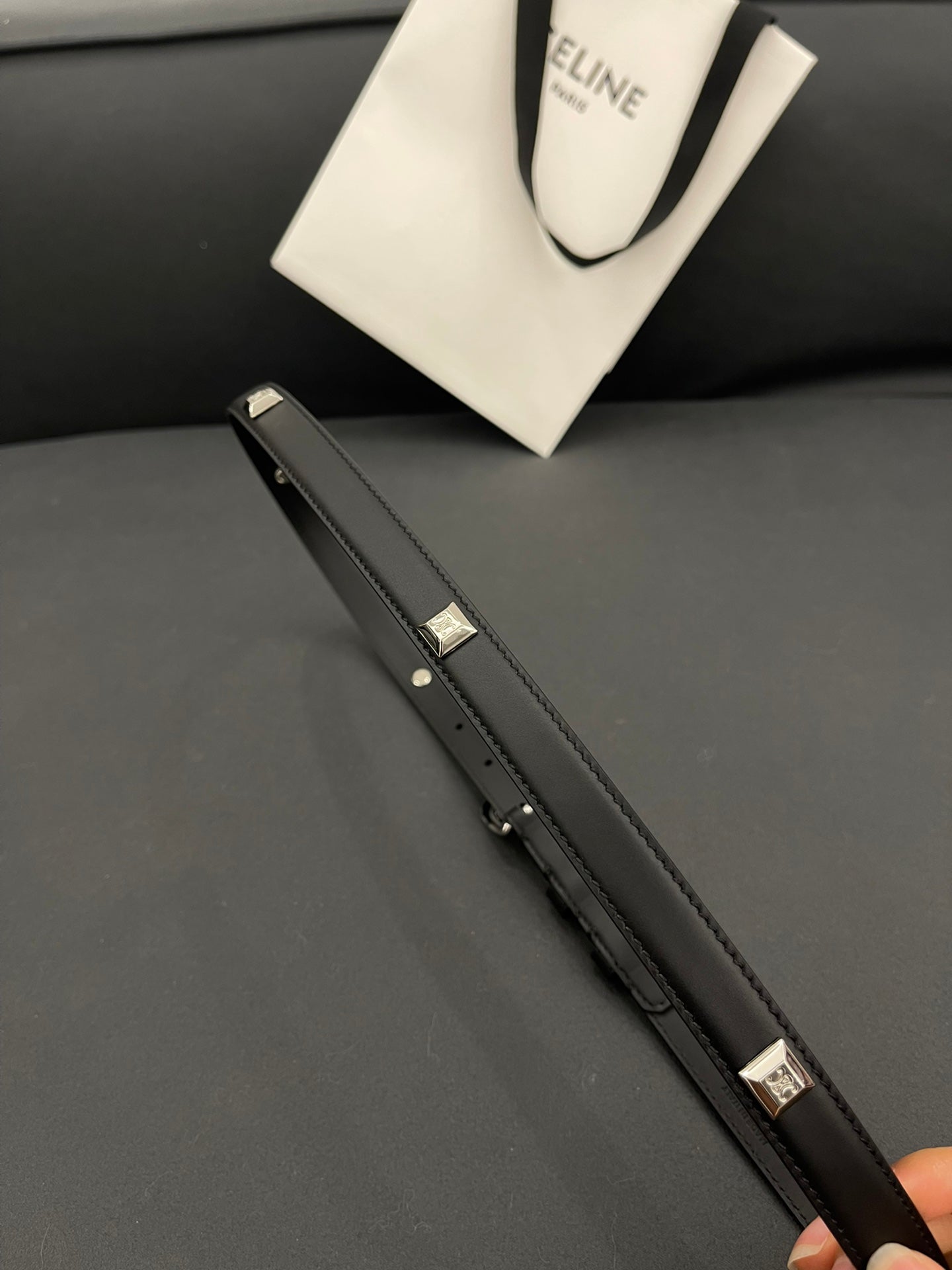 CELINE CL SMALL 18 MM TRIOMPHE BELT IN TAURILLON BLACK LEATHER SILVER HARDWARE