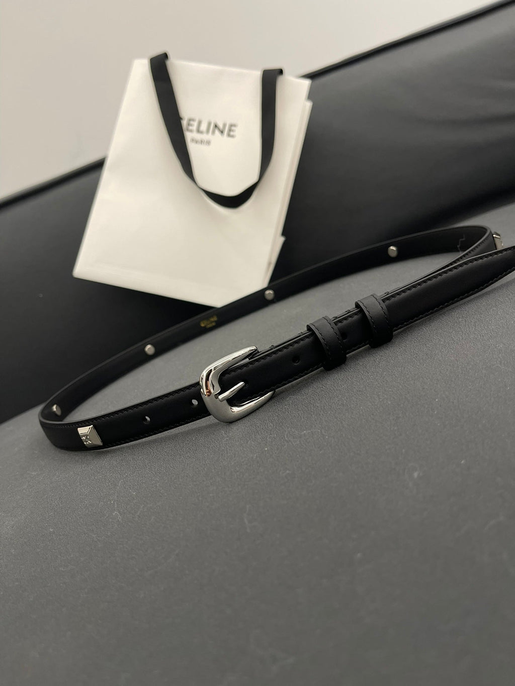CELINE CL SMALL 18 MM TRIOMPHE BELT IN TAURILLON BLACK LEATHER SILVER HARDWARE