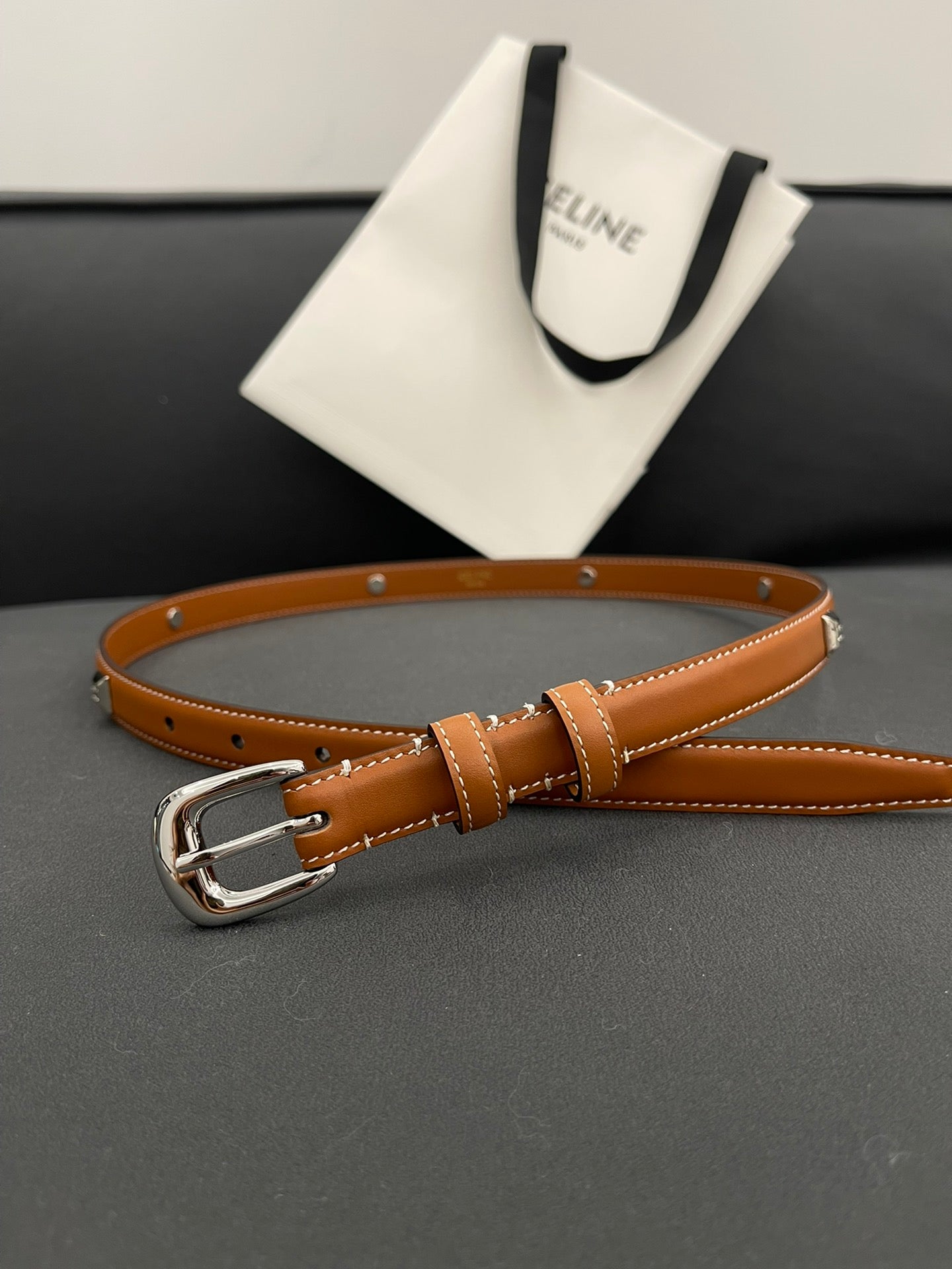 CELINE CL SMALL 18 MM TRIOMPHE BELT IN TAURILLON BRONZE BROWN LEATHER SILVER HARDWARE