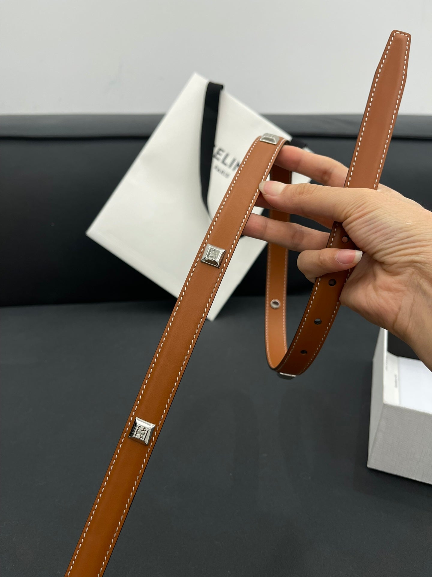 CELINE CL SMALL 18 MM TRIOMPHE BELT IN TAURILLON BRONZE BROWN LEATHER SILVER HARDWARE