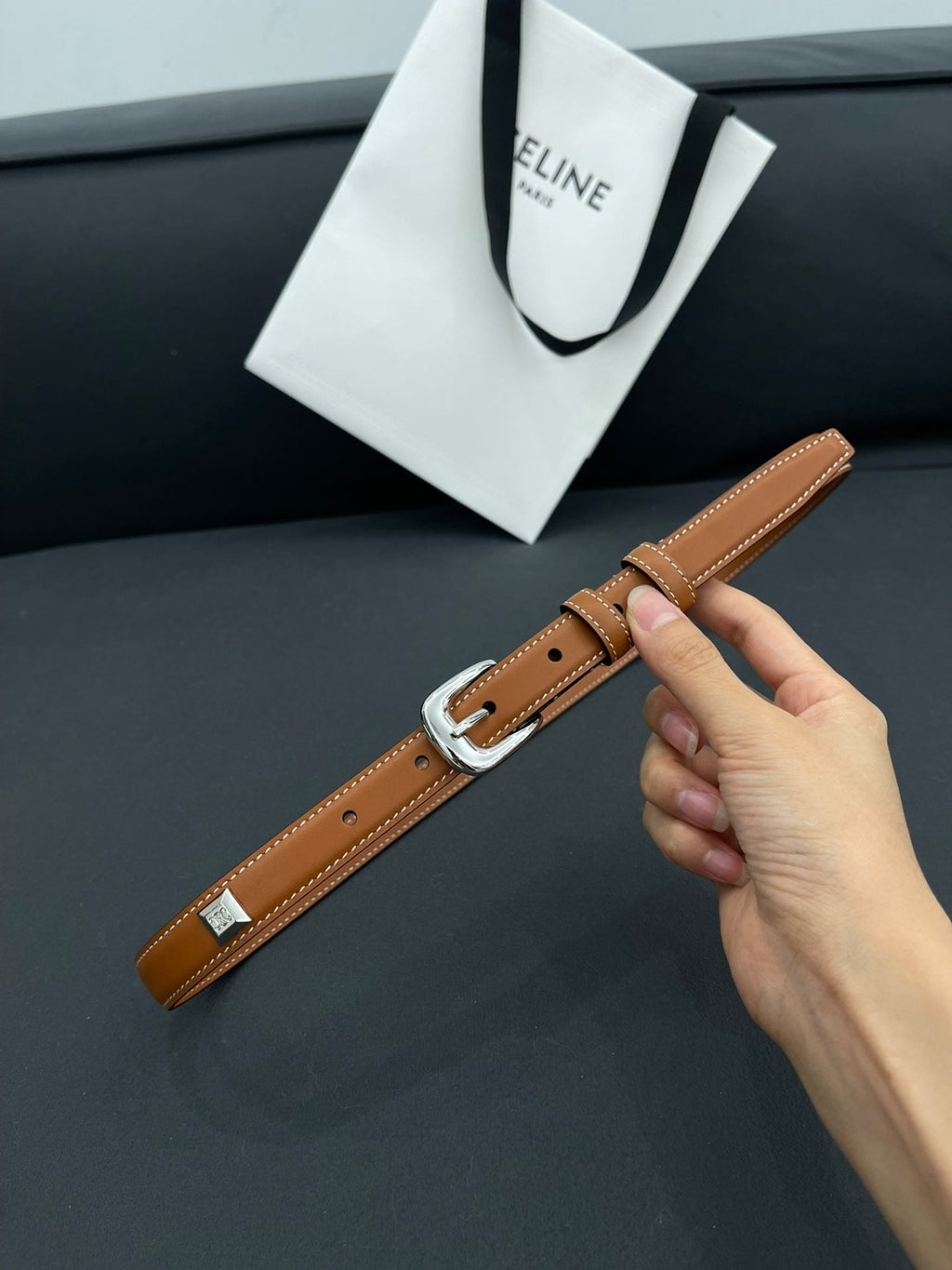 CELINE CL SMALL 18 MM TRIOMPHE BELT IN TAURILLON BRONZE BROWN LEATHER SILVER HARDWARE