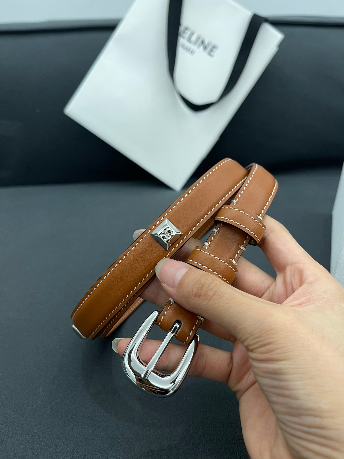 CELINE CL SMALL 18 MM TRIOMPHE BELT IN TAURILLON BRONZE BROWN LEATHER SILVER HARDWARE