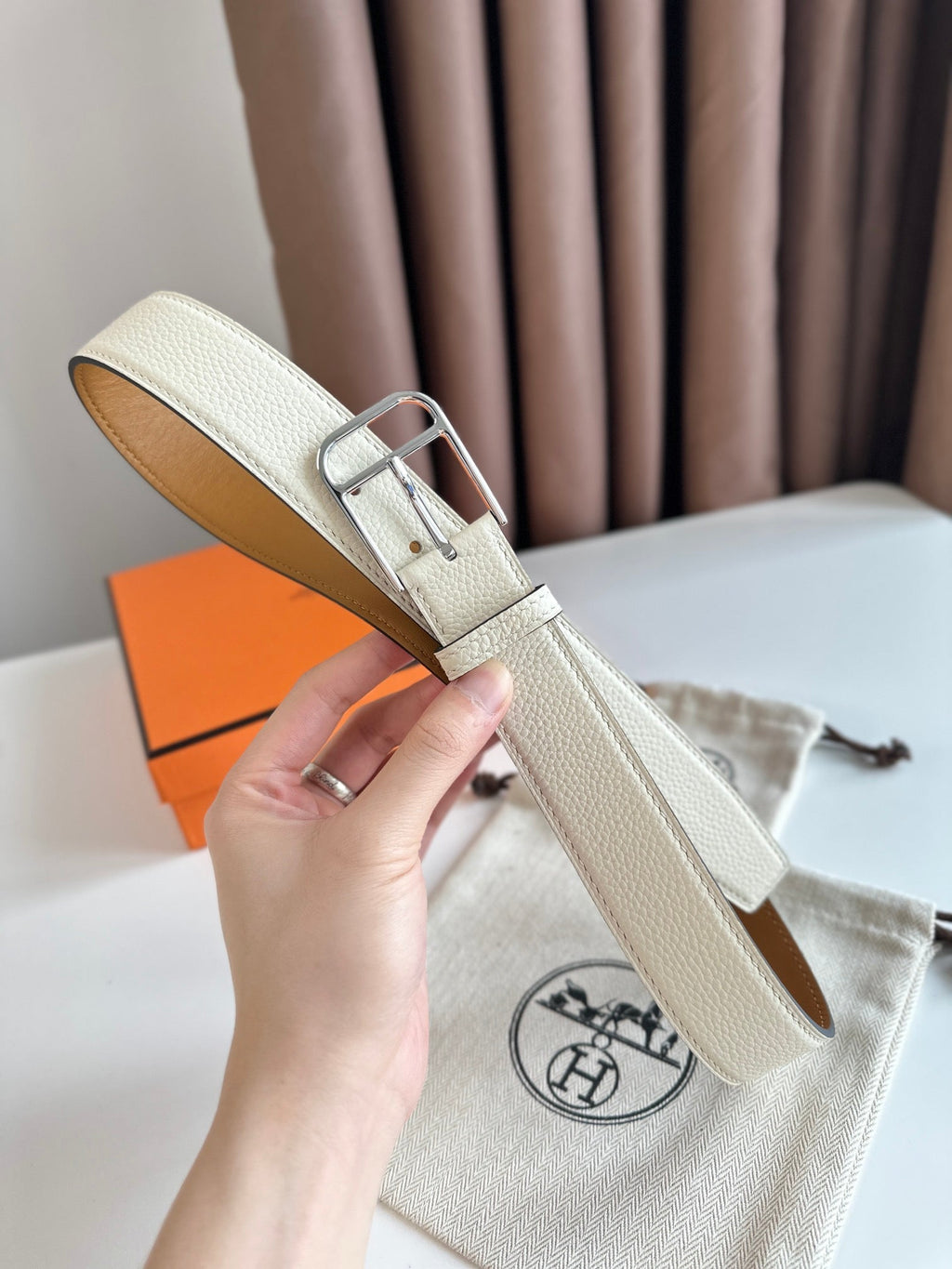 HERMES ROMAIN 35MM BELT WHITE CREAM LEATHER SILVER HARDWARE