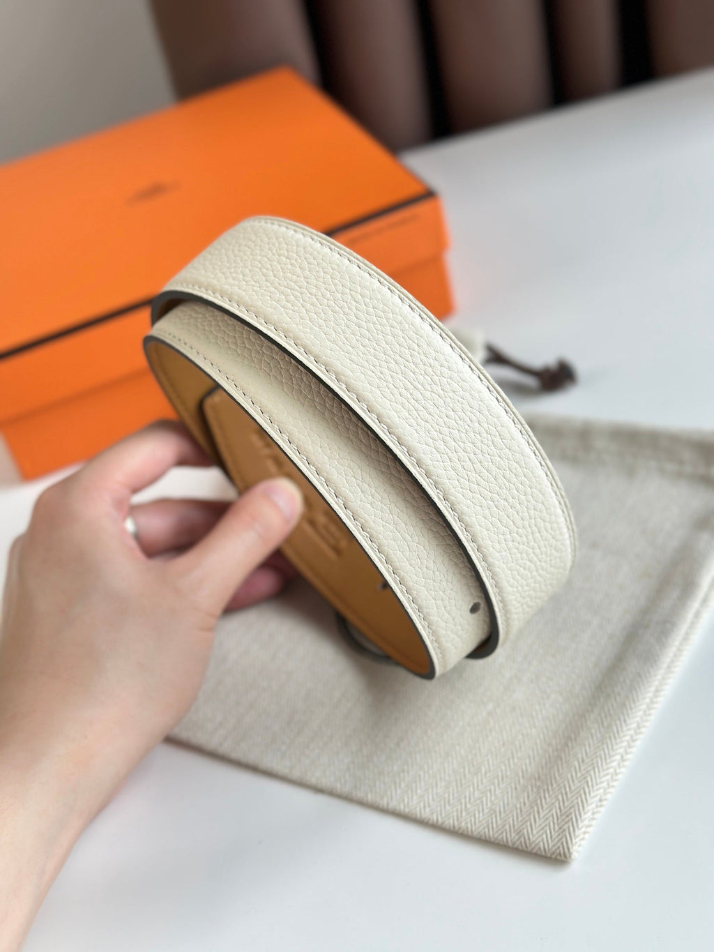 HERMES ROMAIN 35MM BELT WHITE CREAM LEATHER SILVER HARDWARE