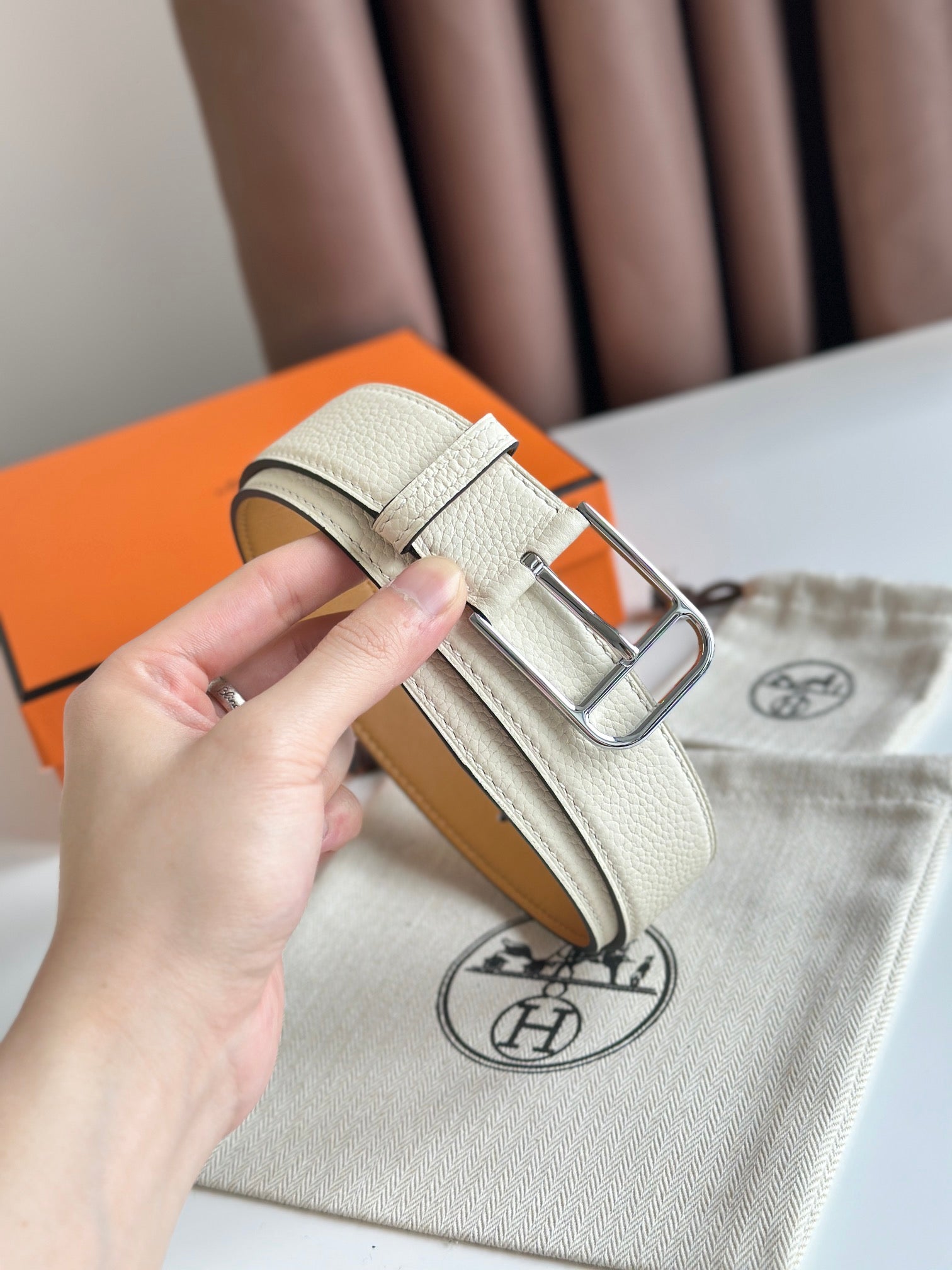 HERMES ROMAIN 35MM BELT WHITE CREAM LEATHER SILVER HARDWARE