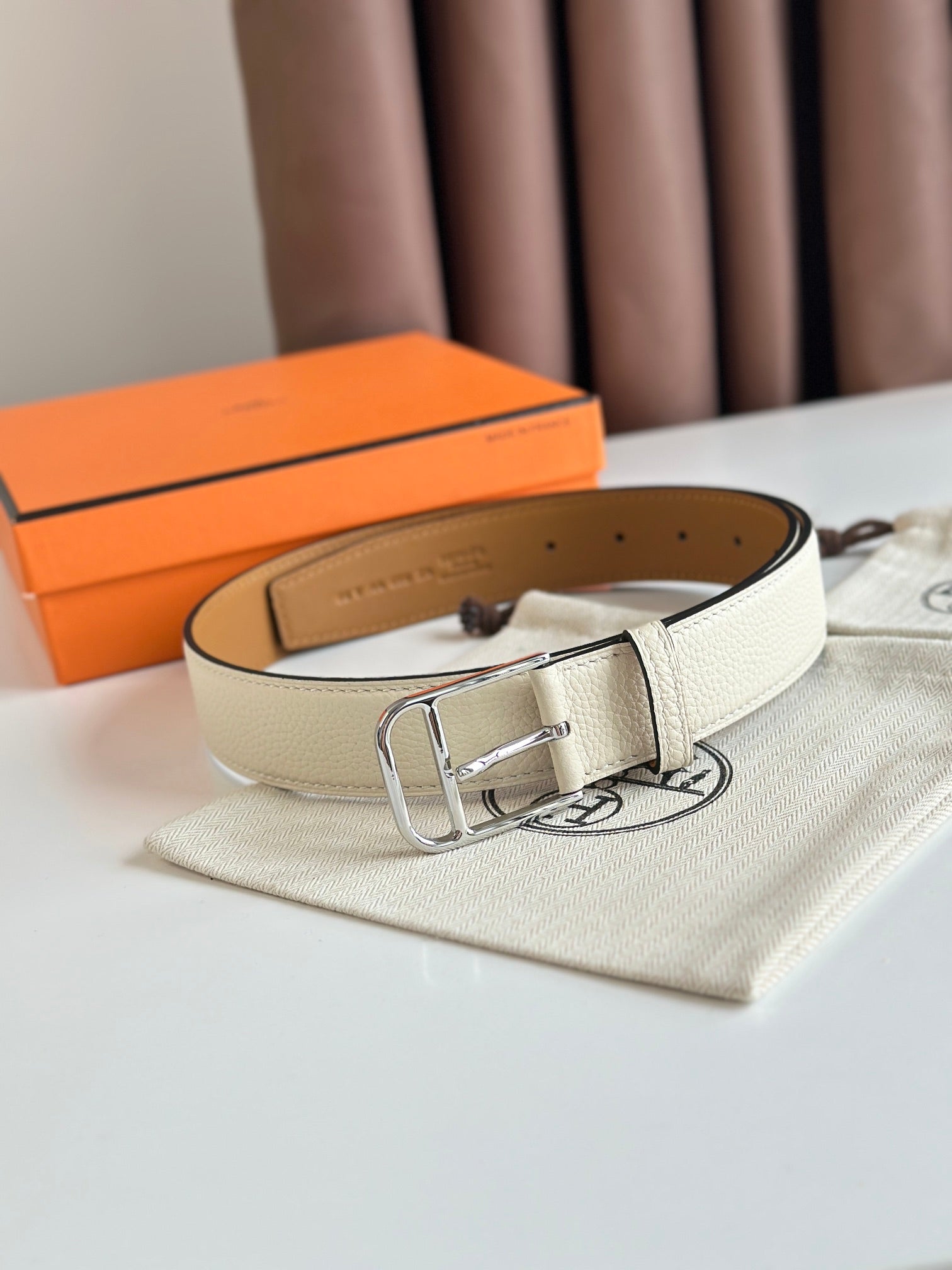 HERMES ROMAIN 35MM BELT WHITE CREAM LEATHER SILVER HARDWARE