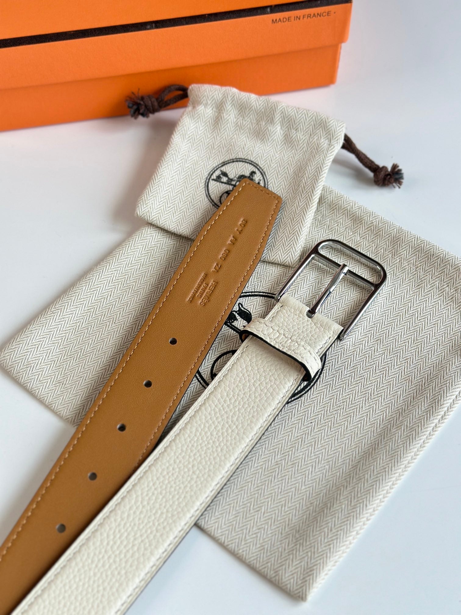 HERMES ROMAIN 35MM BELT WHITE CREAM LEATHER SILVER HARDWARE