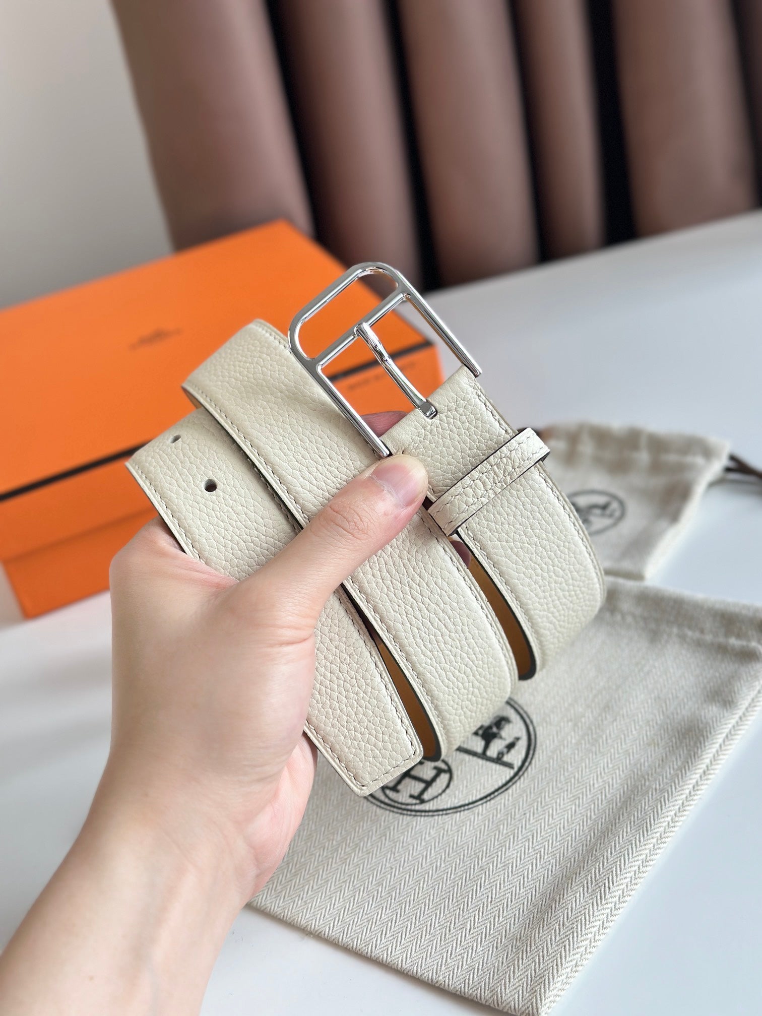 HERMES ROMAIN 35MM BELT WHITE CREAM LEATHER SILVER HARDWARE
