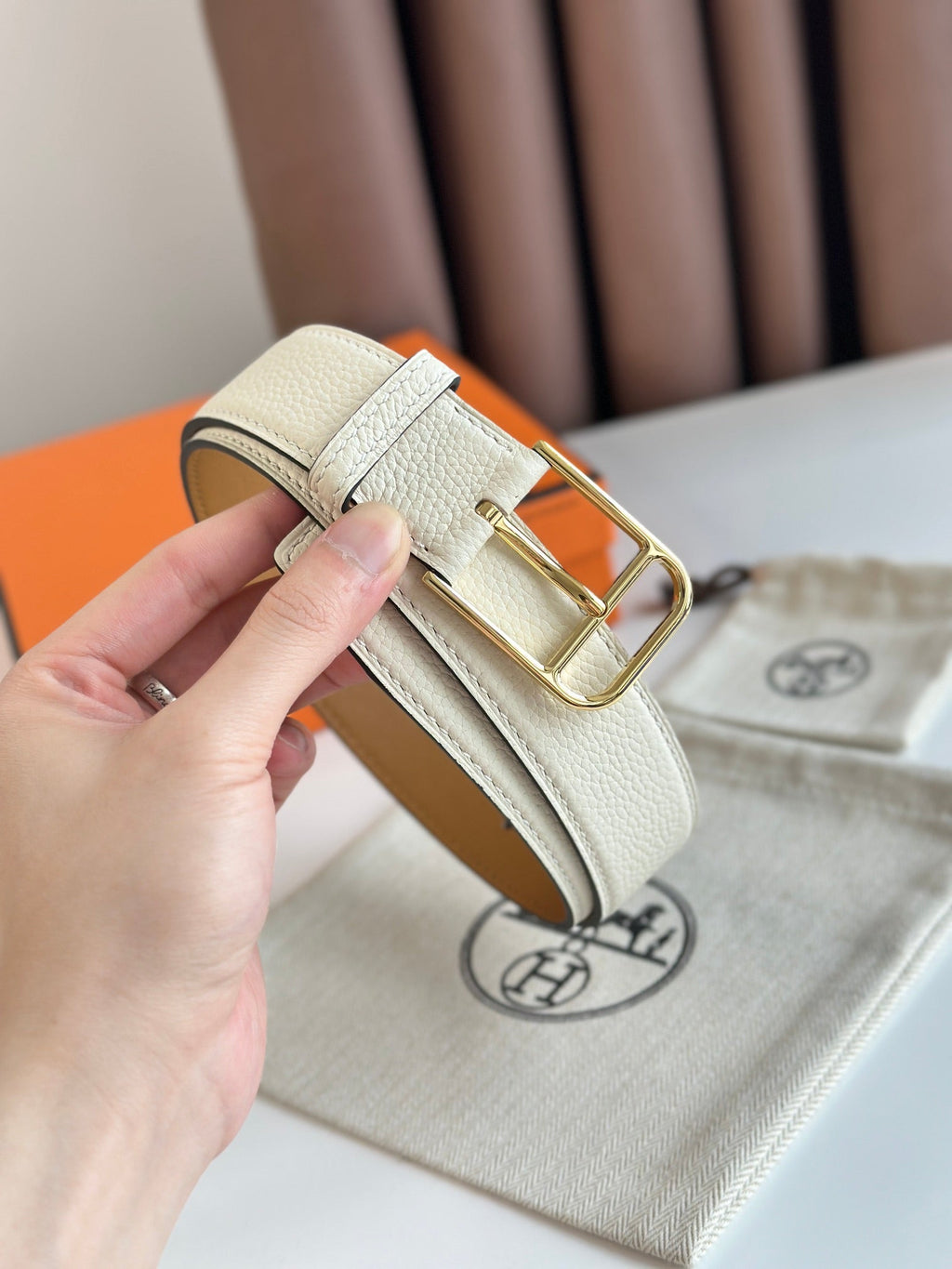 HERMES ROMAIN 35MM BELT WHITE CREAM LEATHER GOLD HARDWARE
