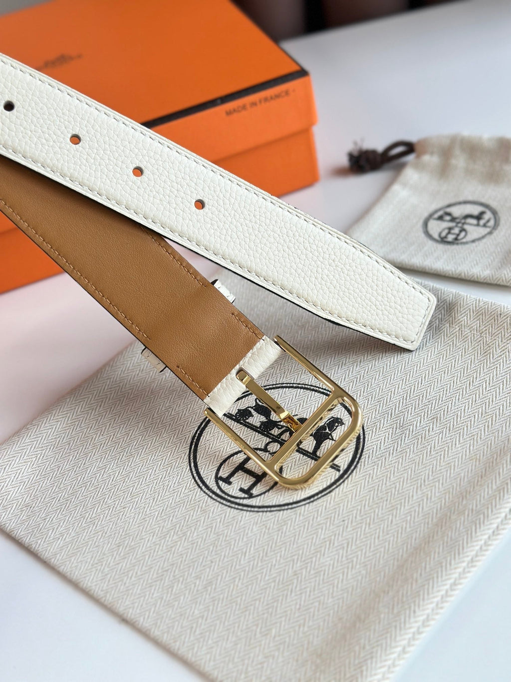 HERMES ROMAIN 35MM BELT WHITE CREAM LEATHER GOLD HARDWARE