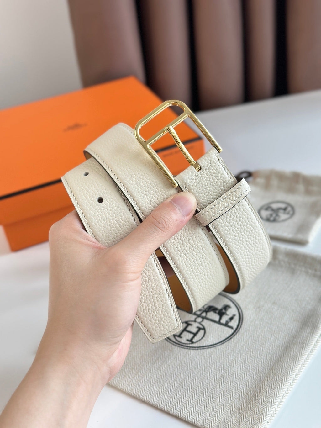 HERMES ROMAIN 35MM BELT WHITE CREAM LEATHER GOLD HARDWARE