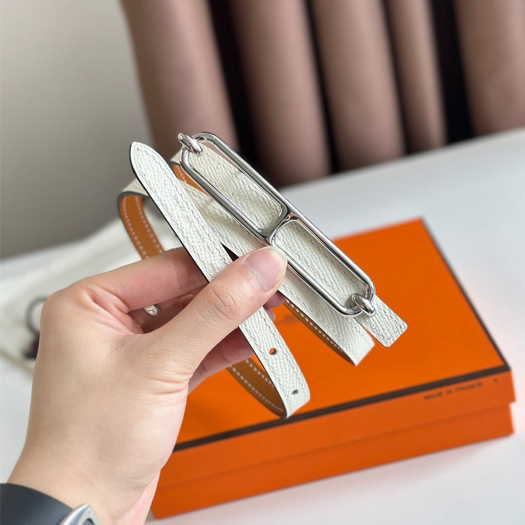 HERMES ROULIS BUCKLE & REVERSIBLE CINNAMON BROWN AND WHITE LEATHER STRAP 13MM SILVER HARDWARE