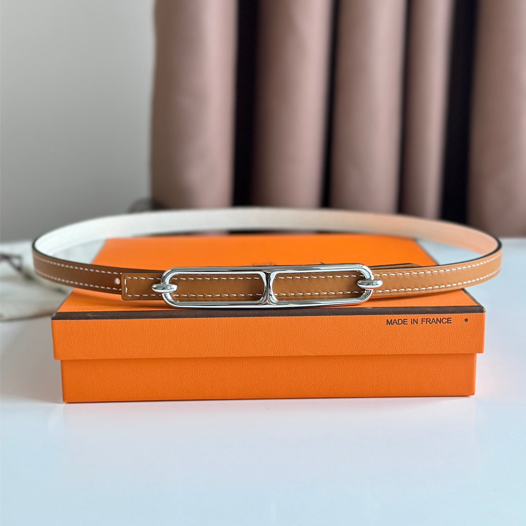 HERMES ROULIS BUCKLE & REVERSIBLE CINNAMON BROWN AND WHITE LEATHER STRAP 13MM SILVER HARDWARE