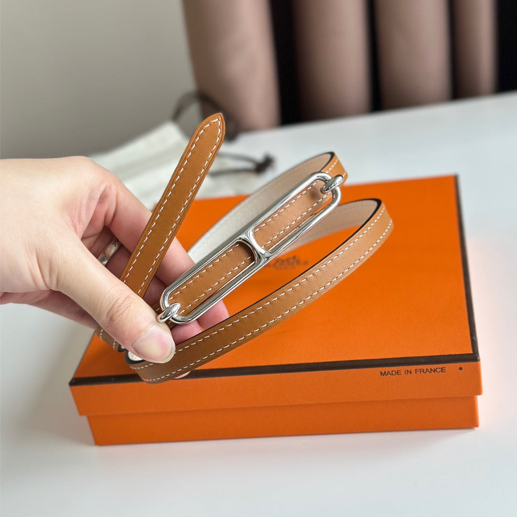 HERMES ROULIS BUCKLE & REVERSIBLE CINNAMON BROWN AND WHITE LEATHER STRAP 13MM SILVER HARDWARE