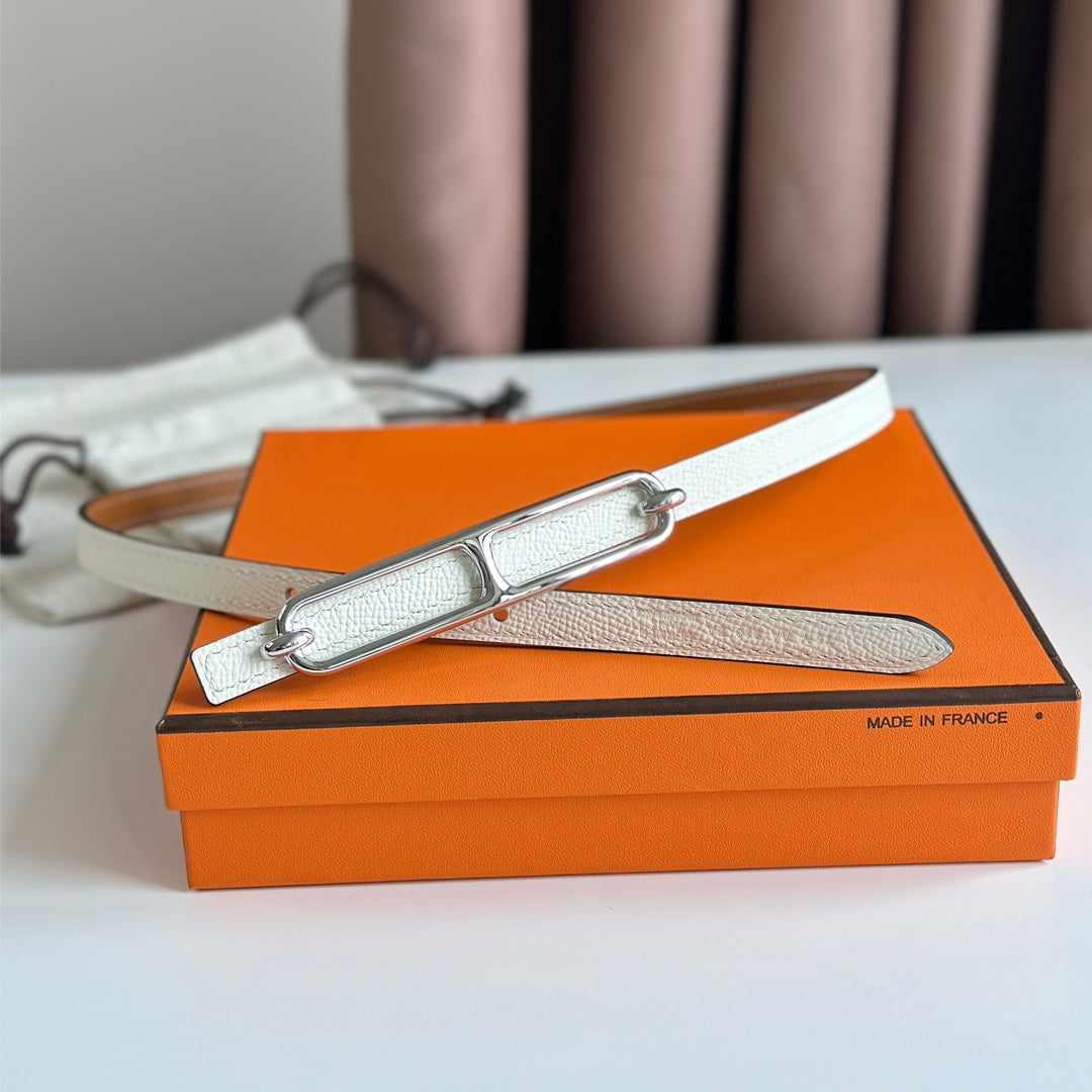 HERMES ROULIS BUCKLE & REVERSIBLE CINNAMON BROWN AND WHITE LEATHER STRAP 13MM SILVER HARDWARE